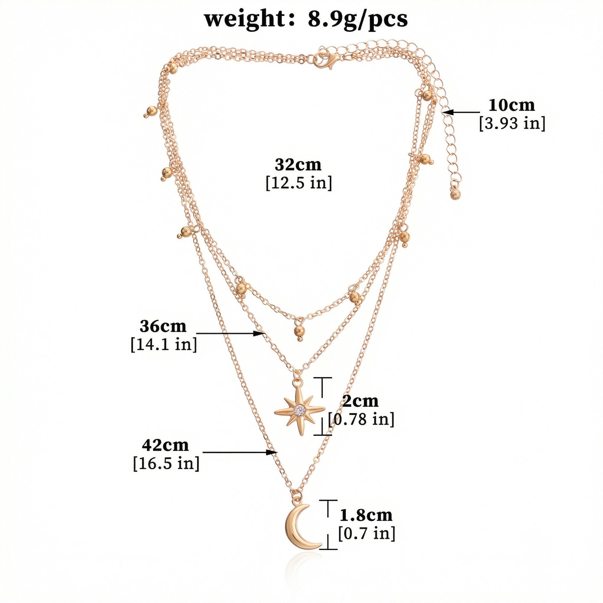 Anna-Kaci Layered Necklace with Star and Moon Pendant Crystal Accent Multi Strand Adjustable Chain Jewelry