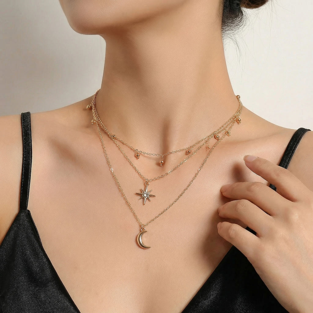 Anna-Kaci Layered Necklace with Star and Moon Pendant Crystal Accent Multi Strand Adjustable Chain Jewelry