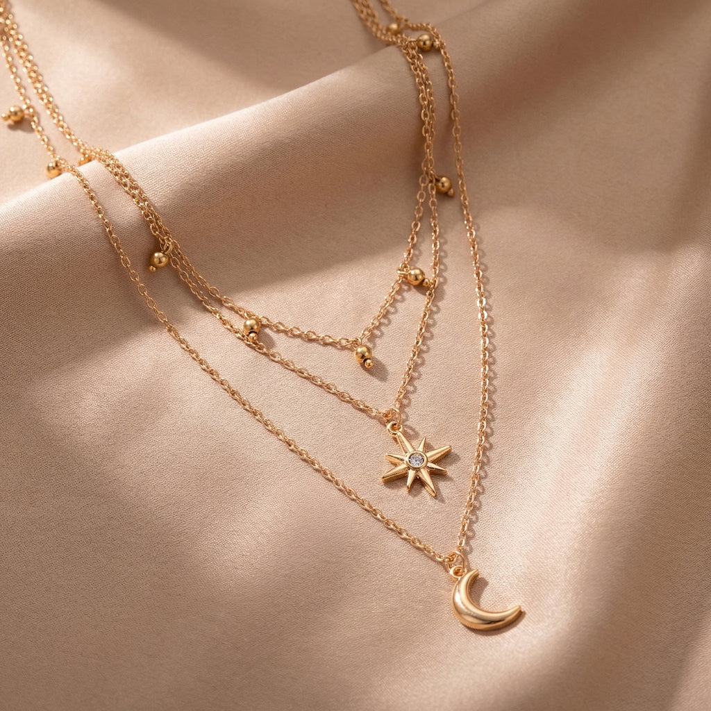 Anna-Kaci Layered Necklace with Star and Moon Pendant Crystal Accent Multi Strand Adjustable Chain Jewelry