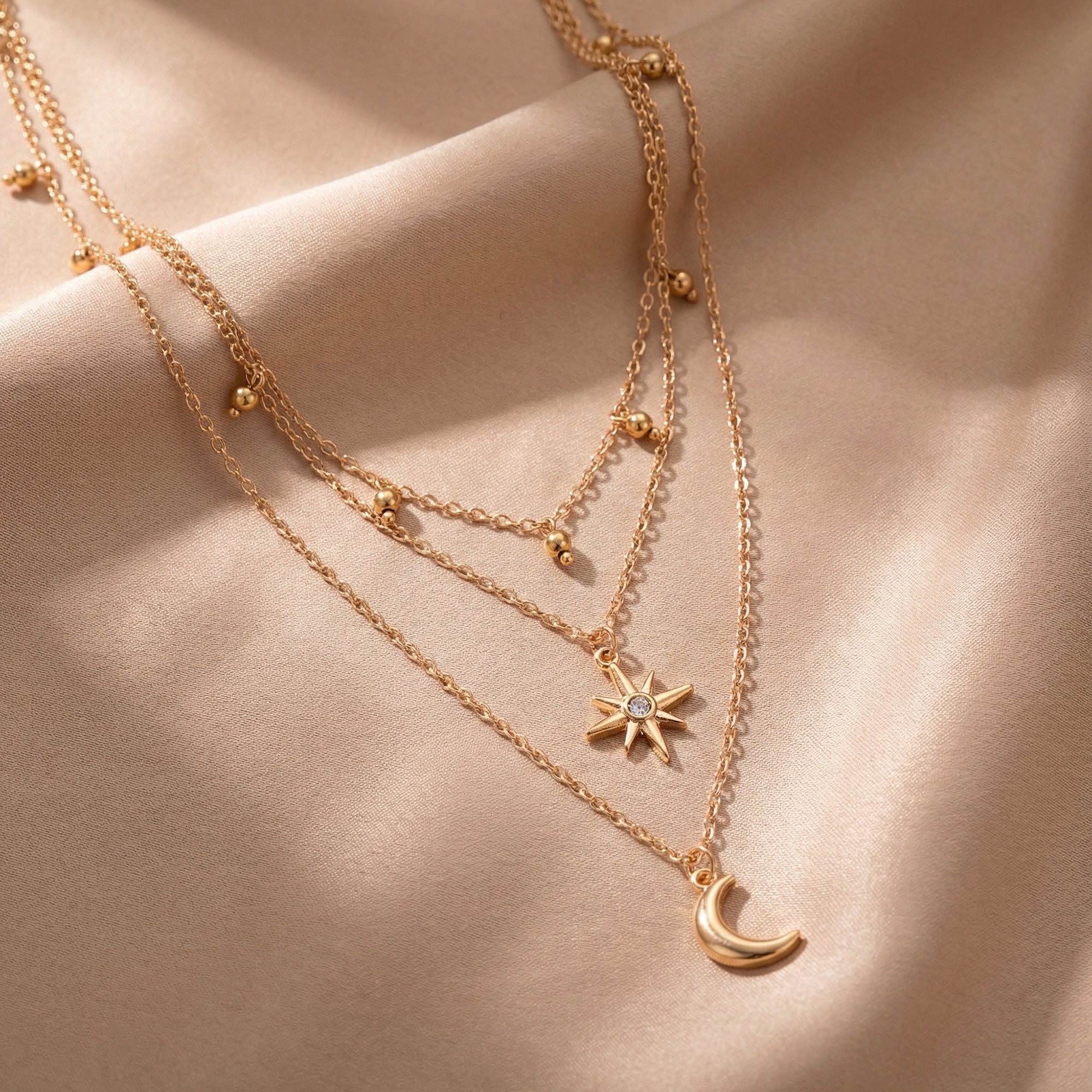 Anna-Kaci Layered Necklace with Star and Moon Pendant Crystal Accent Multi Strand Adjustable Chain Jewelry