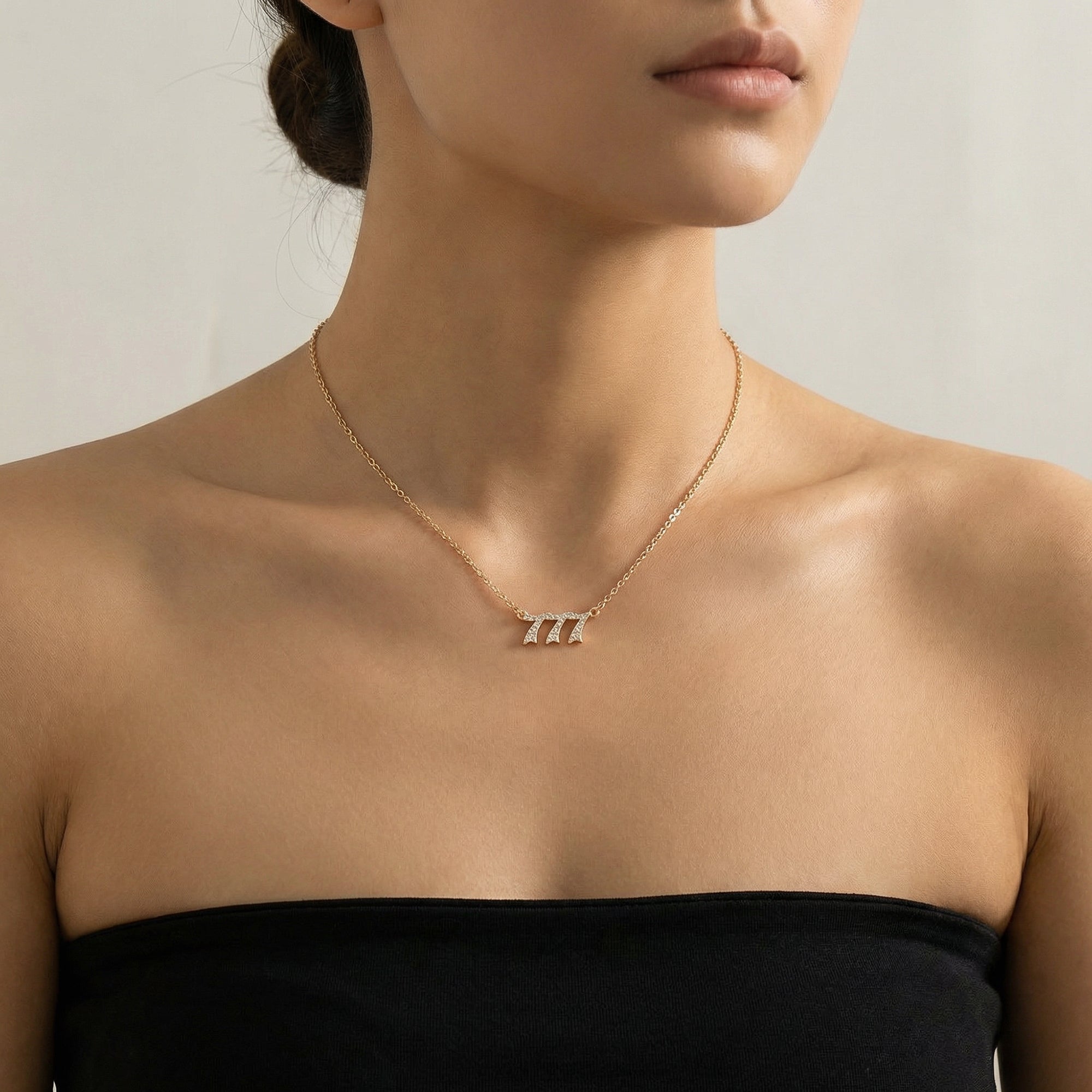 Anna-Kaci Alloy Necklace with Triple Number Pendant Crystal Accent Minimal Chain Adjustable Length Jewelry