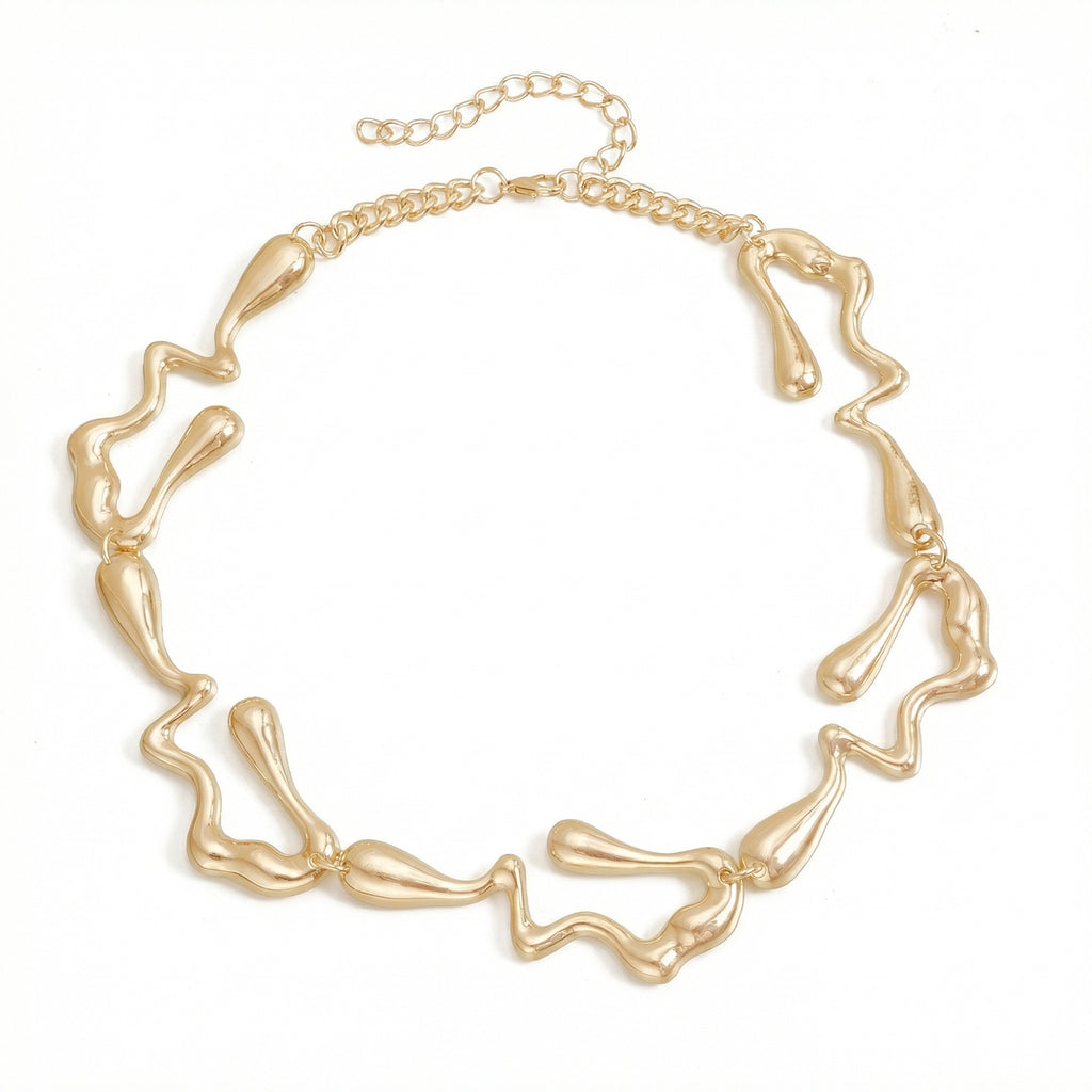 Anna-Kaci Alloy Necklace Organic Abstract Link Design Chunky Collar Adjustable Chain Jewelry