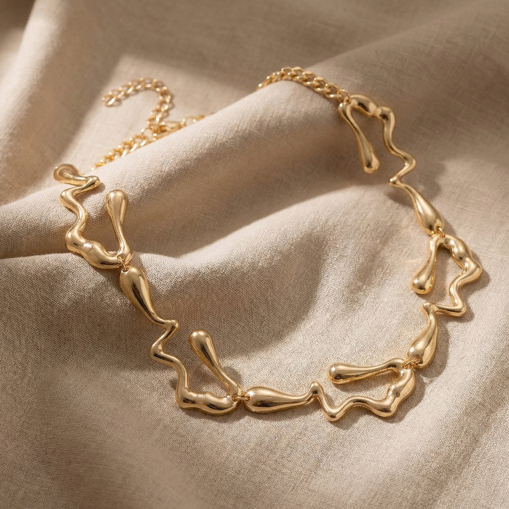 Anna-Kaci Alloy Necklace Organic Abstract Link Design Chunky Collar Adjustable Chain Jewelry
