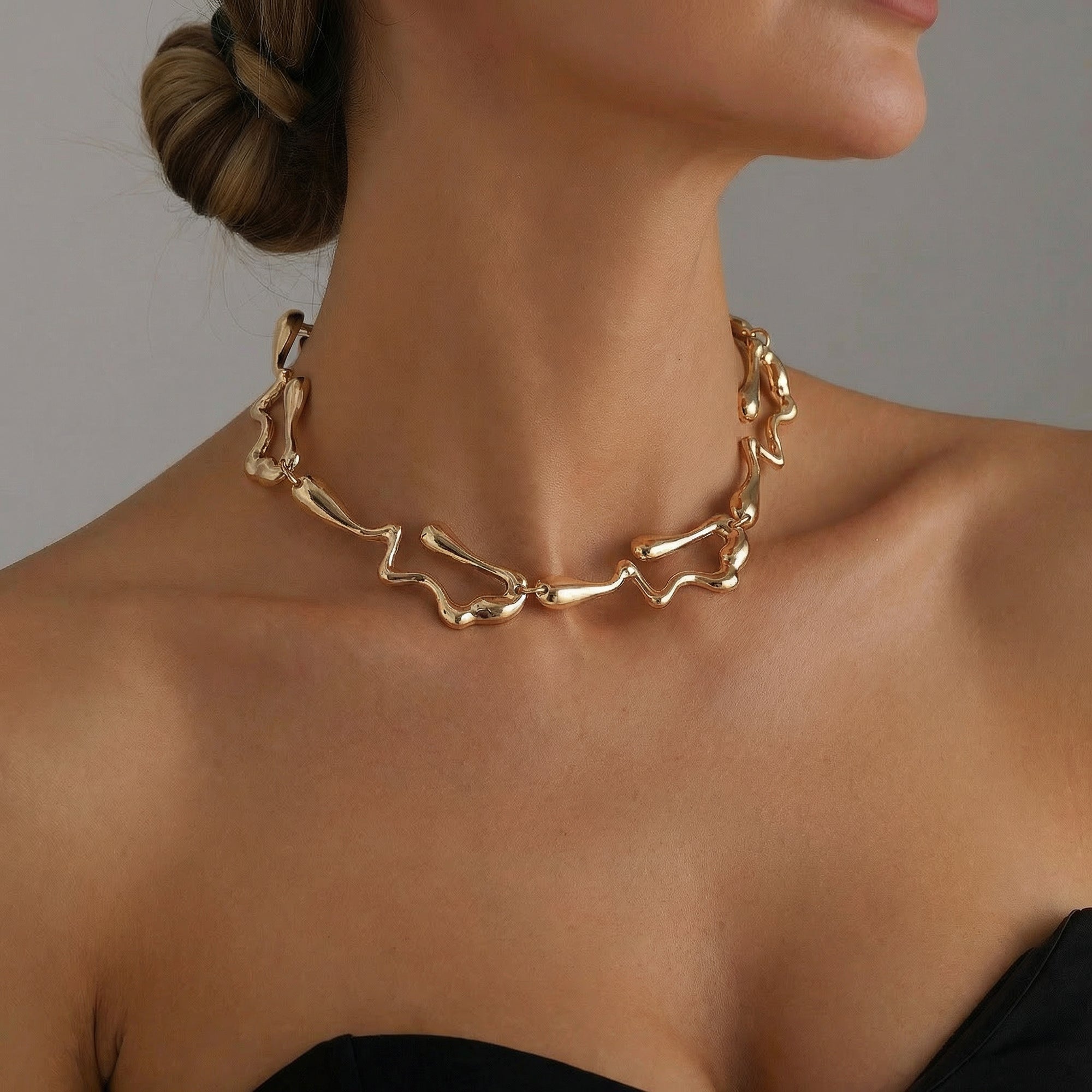 Anna-Kaci Alloy Necklace Organic Abstract Link Design Chunky Collar Adjustable Chain Jewelry