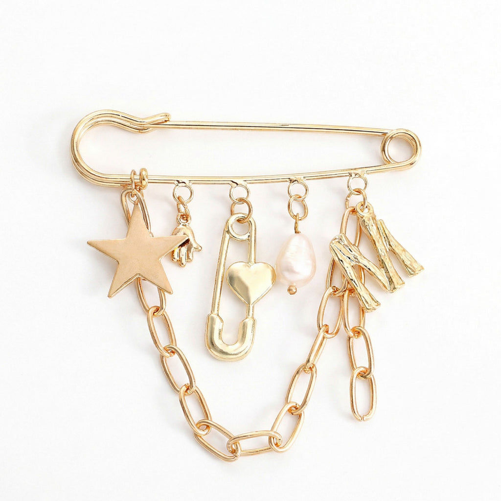 Anna-Kaci Women's Safety Pin Brooch Star Charm Chain Detail Pearl Accent Pendant Design