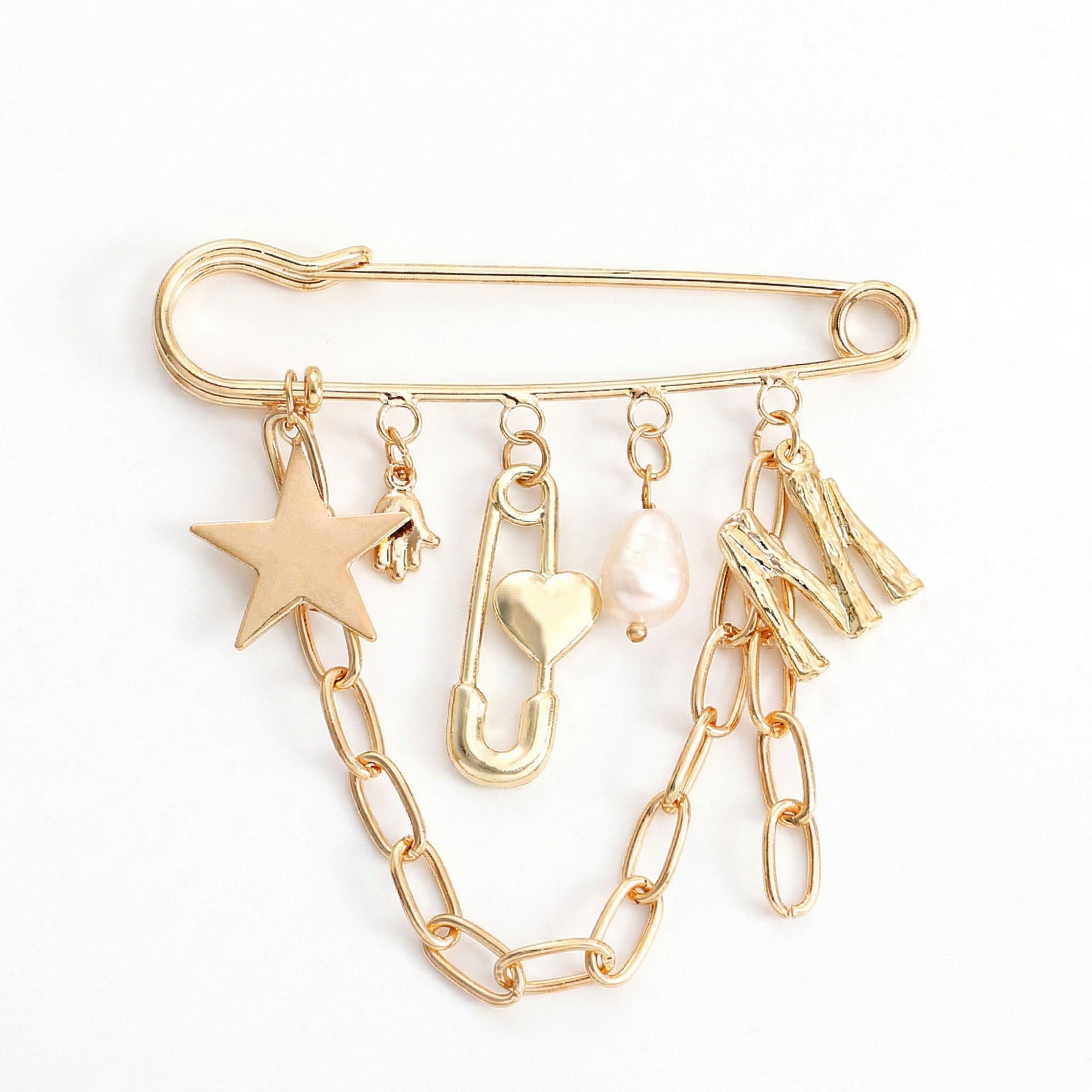 Anna-Kaci Women's Safety Pin Brooch Star Charm Chain Detail Pearl Accent Pendant Design