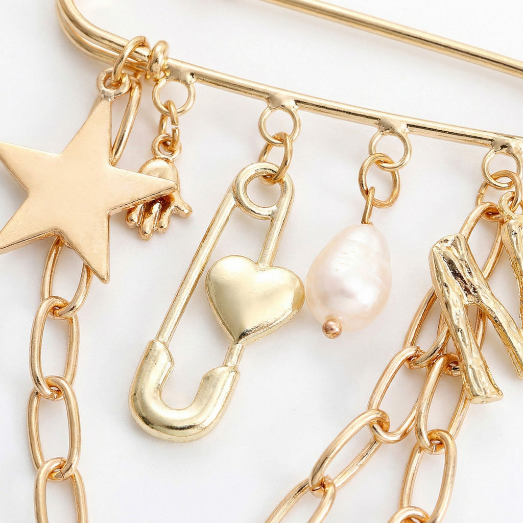 Anna-Kaci Women's Safety Pin Brooch Star Charm Chain Detail Pearl Accent Pendant Design