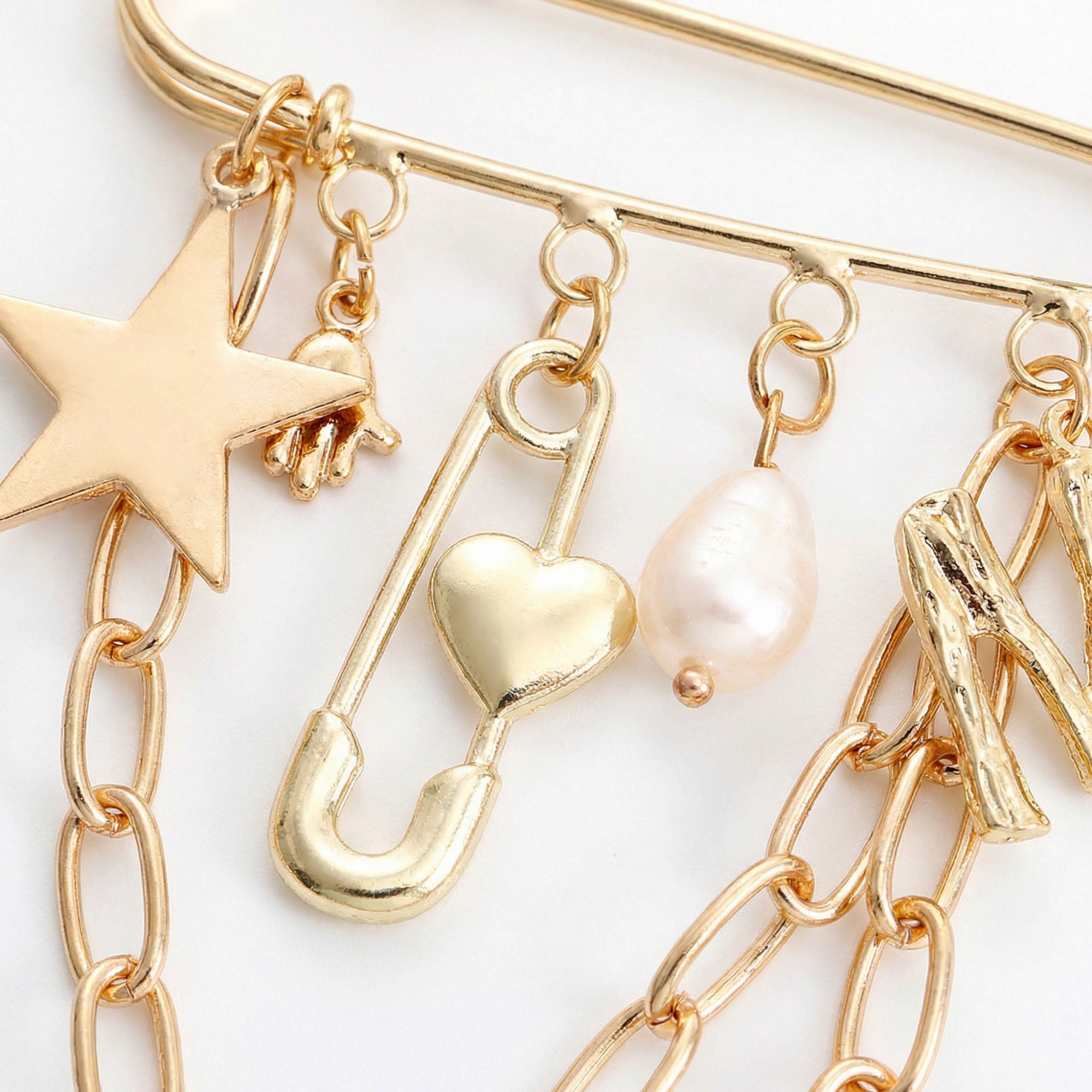 Anna-Kaci Women's Safety Pin Brooch Star Charm Chain Detail Pearl Accent Pendant Design