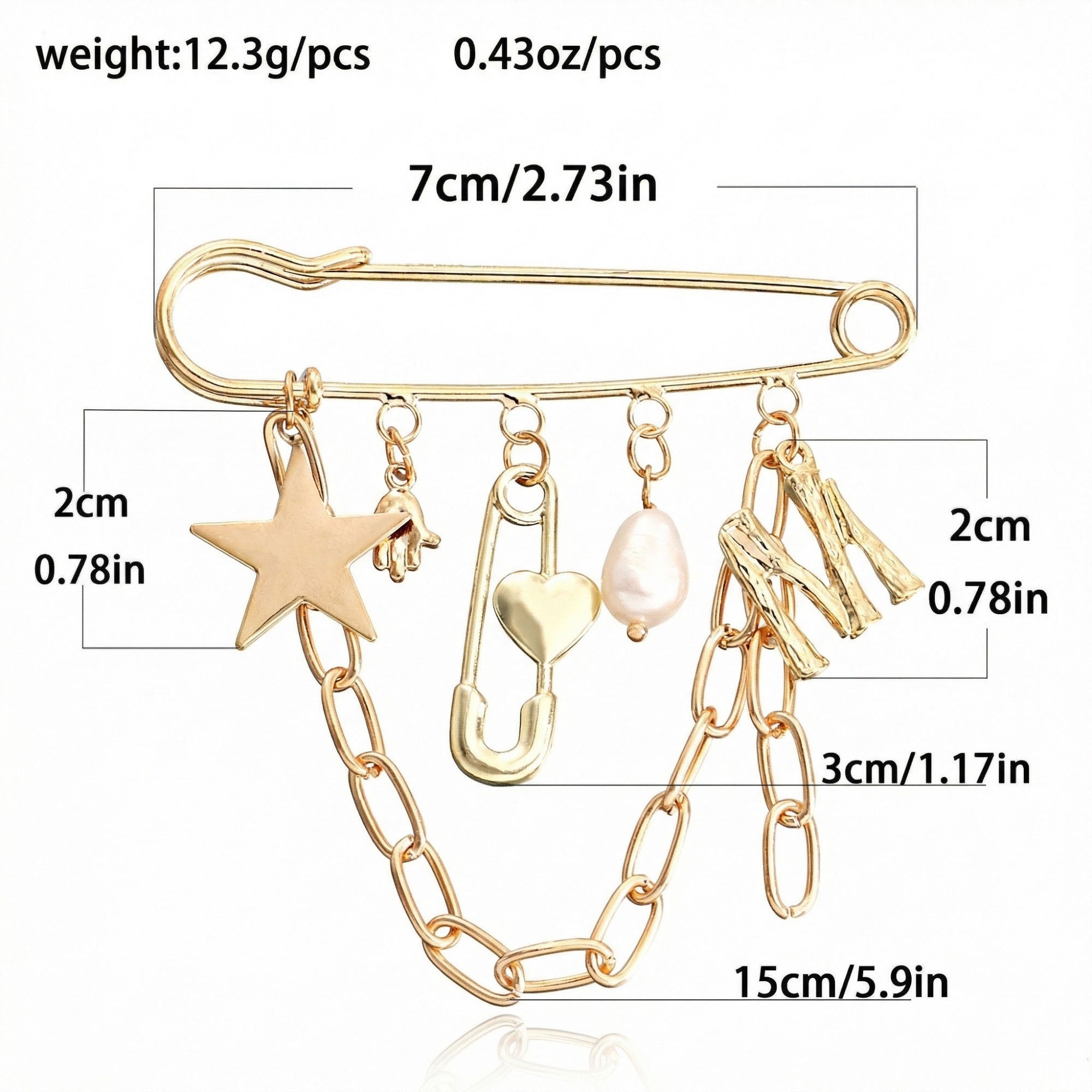 Anna-Kaci Women's Safety Pin Brooch Star Charm Chain Detail Pearl Accent Pendant Design
