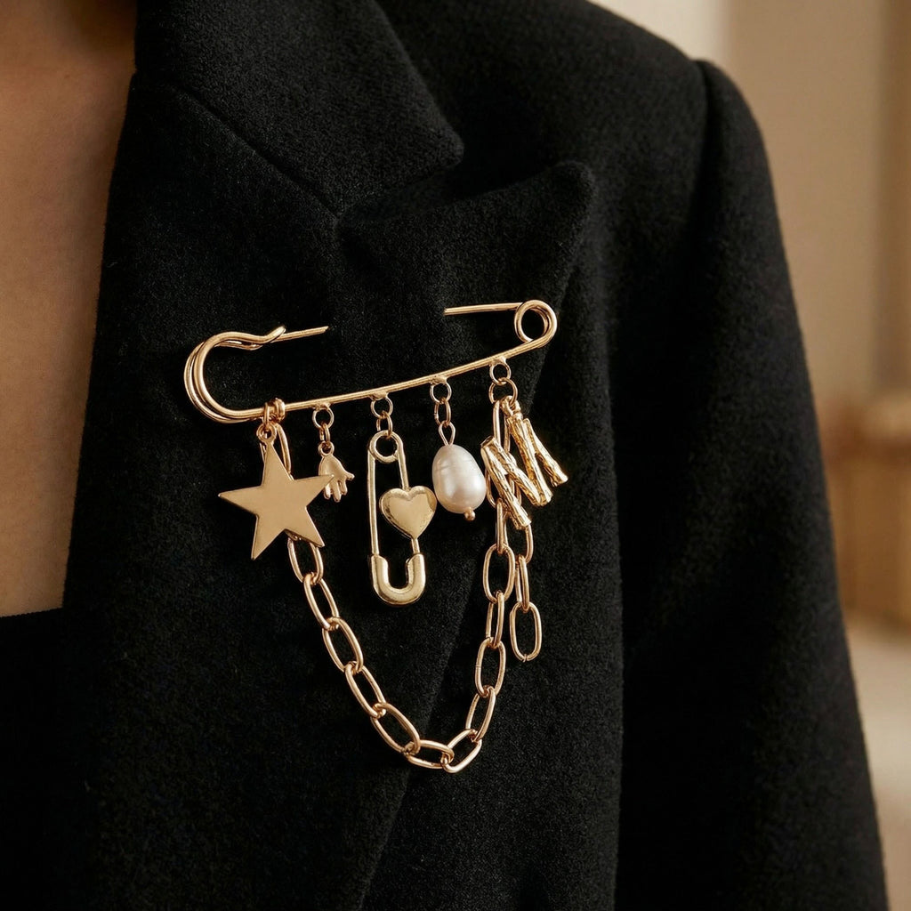 Anna-Kaci Women's Safety Pin Brooch Star Charm Chain Detail Pearl Accent Pendant Design