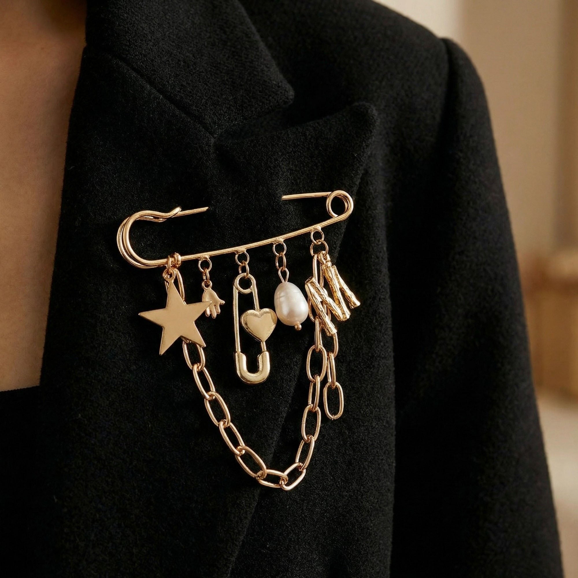 Anna-Kaci Women's Safety Pin Brooch Star Charm Chain Detail Pearl Accent Pendant Design