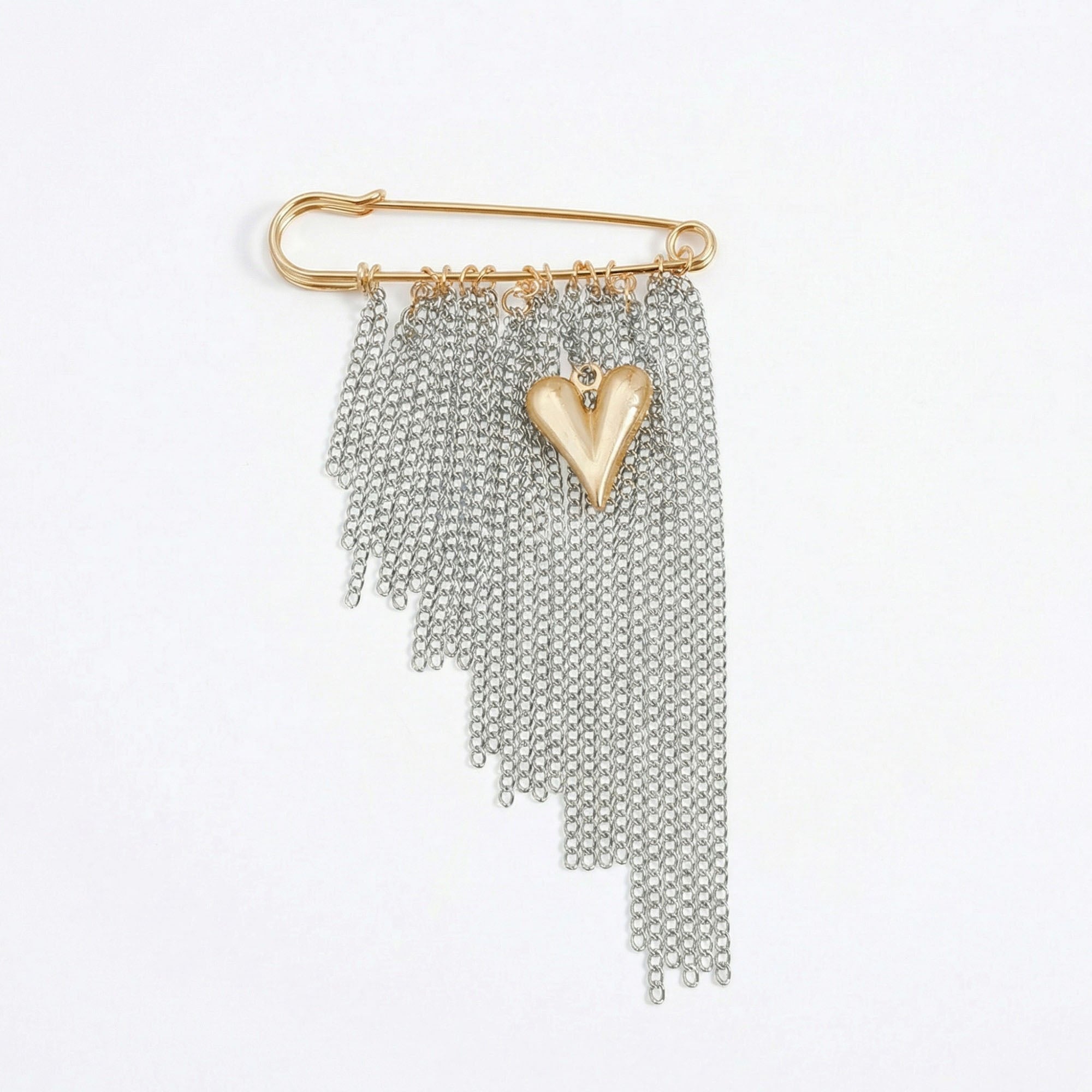 Anna-Kaci Women's Safety Pin Brooch Chain Fringe Tassel Detail Heart Pendant Statement Design