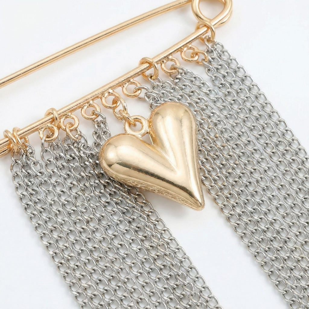 Anna-Kaci Women's Safety Pin Brooch Chain Fringe Tassel Detail Heart Pendant Statement Design