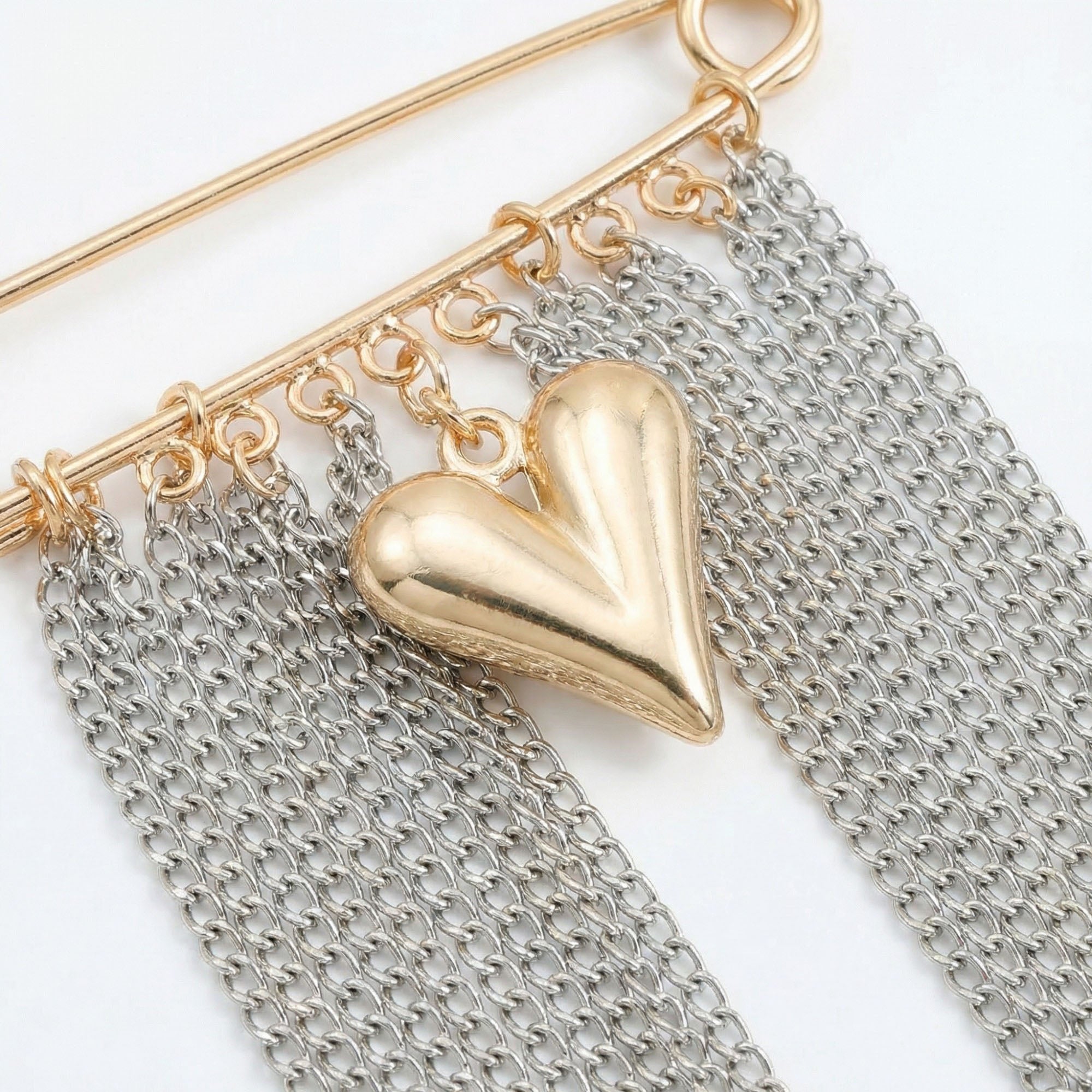 Anna-Kaci Women's Safety Pin Brooch Chain Fringe Tassel Detail Heart Pendant Statement Design