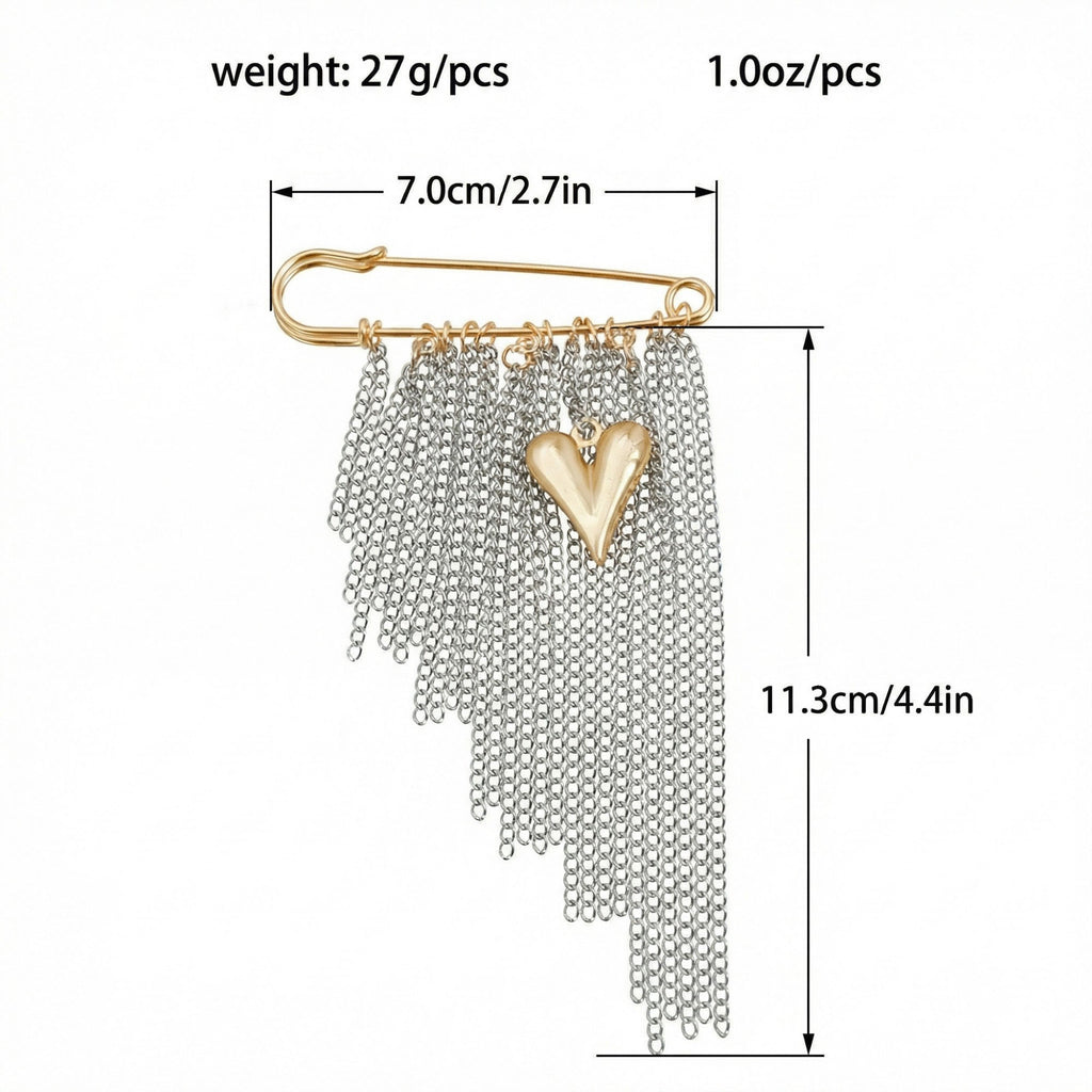 Anna-Kaci Women's Safety Pin Brooch Chain Fringe Tassel Detail Heart Pendant Statement Design
