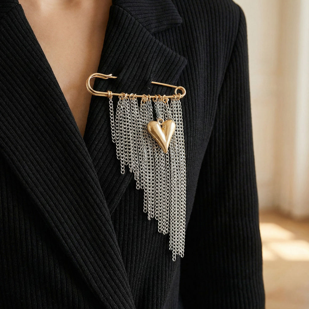 Anna-Kaci Women's Safety Pin Brooch Chain Fringe Tassel Detail Heart Pendant Statement Design