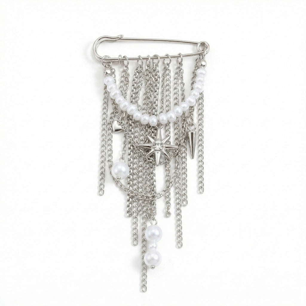 Anna-Kaci Women's Safety Pin Brooch Chain Fringe Tassel Pearl Bead Detail Star Charm Design