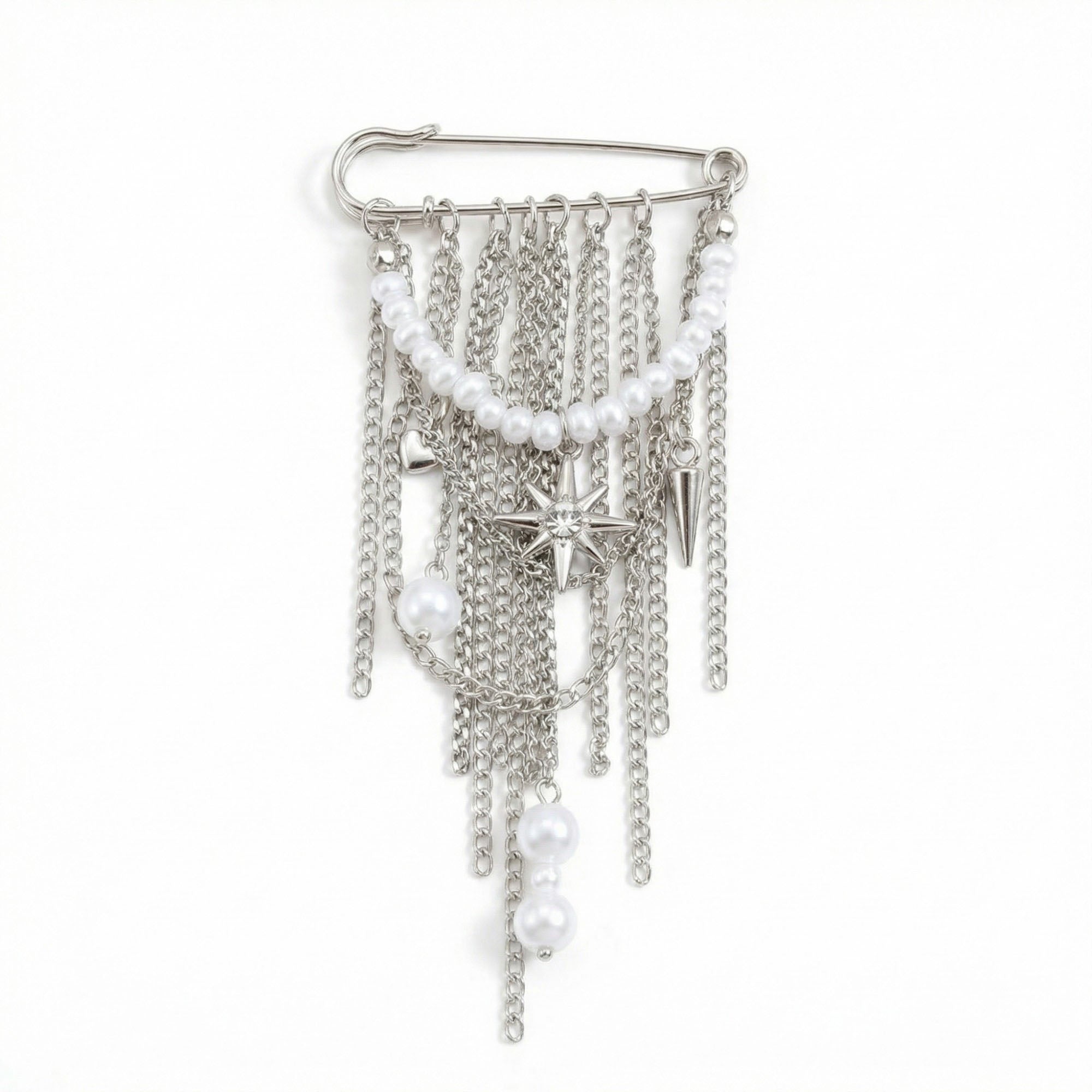 Anna-Kaci Women's Safety Pin Brooch Chain Fringe Tassel Pearl Bead Detail Star Charm Design