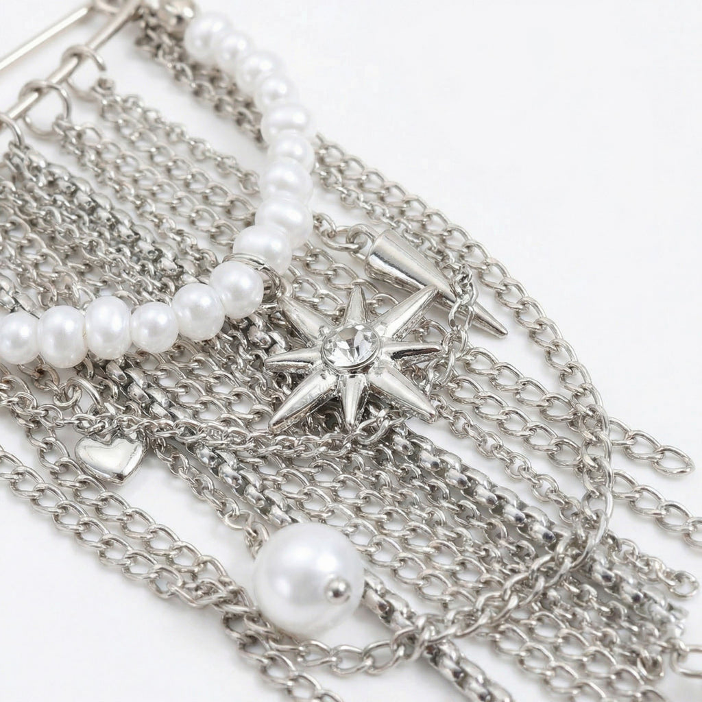 Anna-Kaci Women's Safety Pin Brooch Chain Fringe Tassel Pearl Bead Detail Star Charm Design