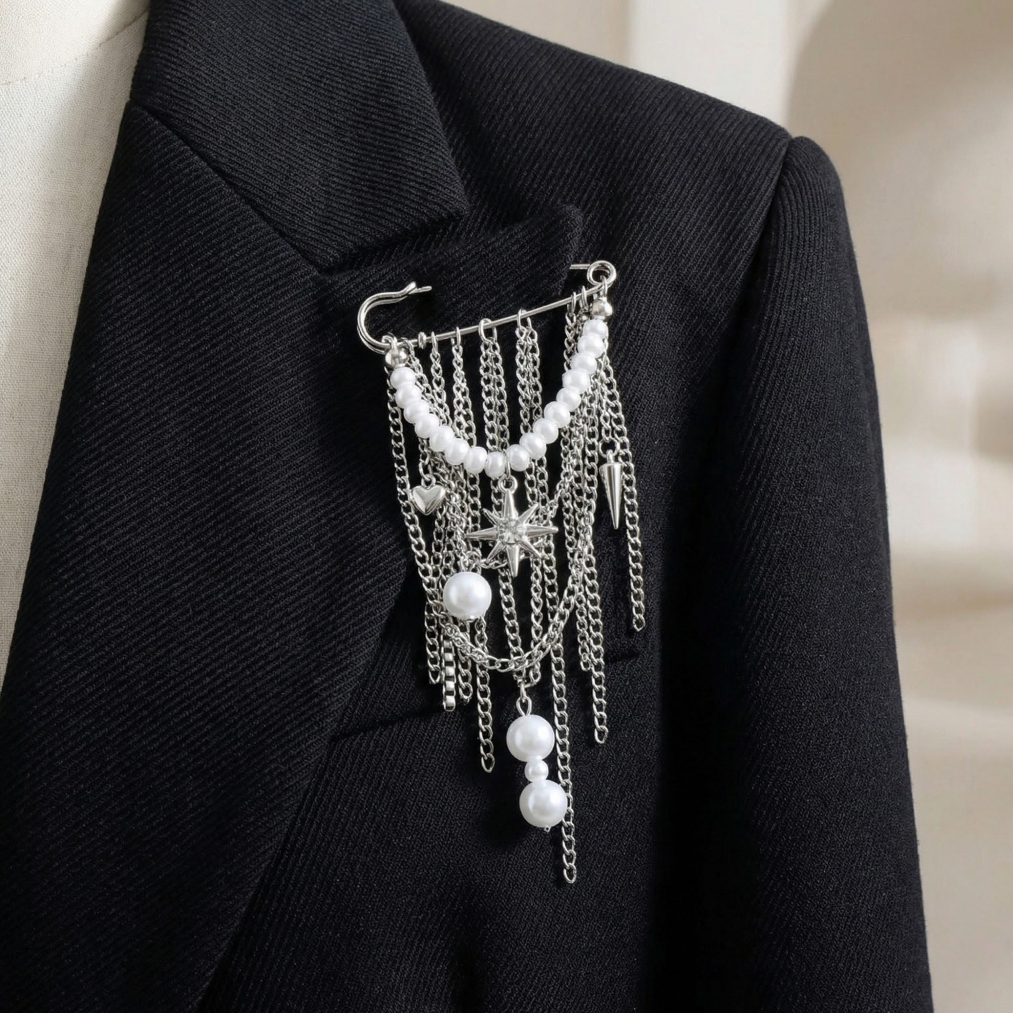 Anna-Kaci Women's Safety Pin Brooch Chain Fringe Tassel Pearl Bead Detail Star Charm Design