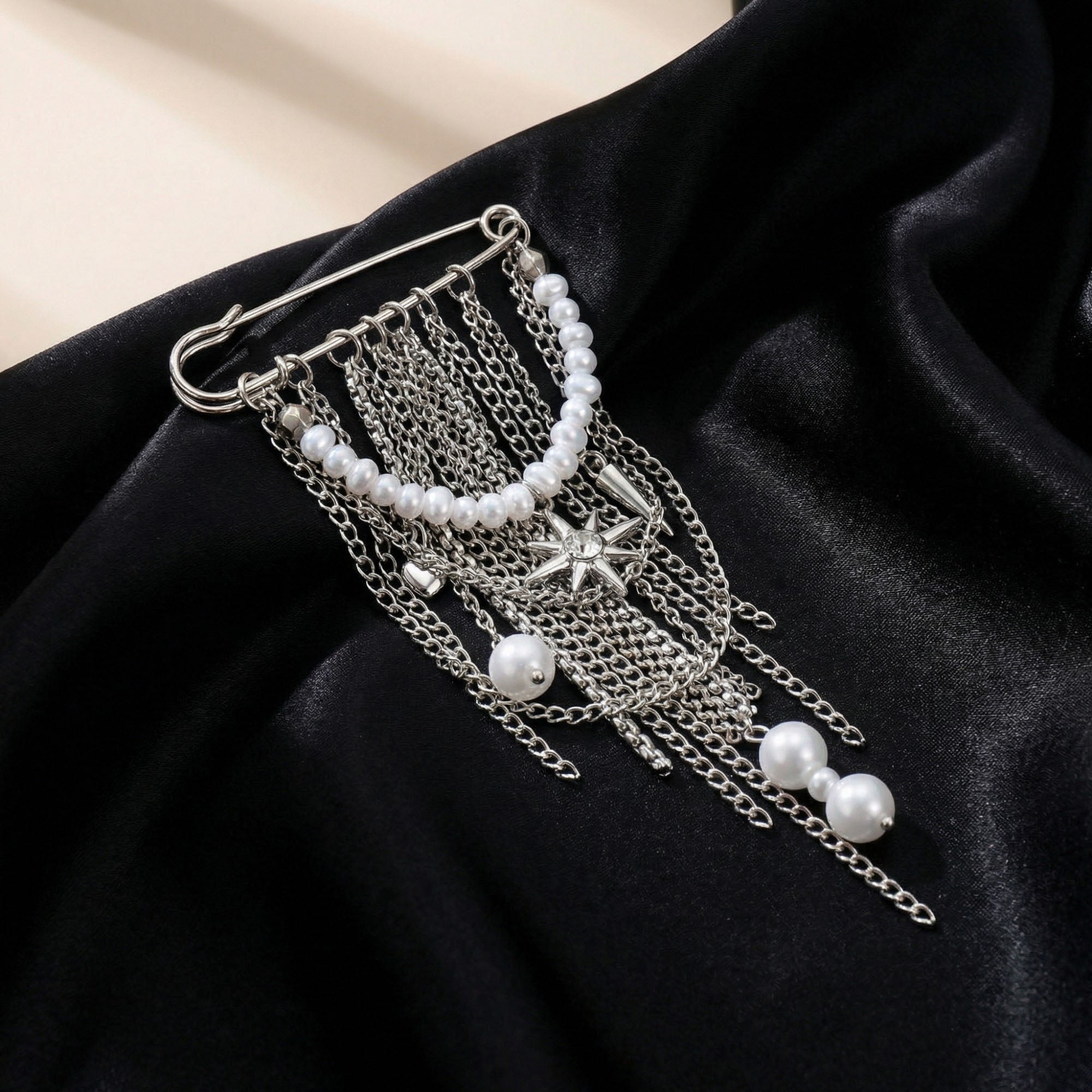 Anna-Kaci Women's Safety Pin Brooch Chain Fringe Tassel Pearl Bead Detail Star Charm Design