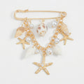 Anna-Kaci Women's Safety Pin Brooch Seashell Charm Starfish Pendant Pearl Accent Chain Detail