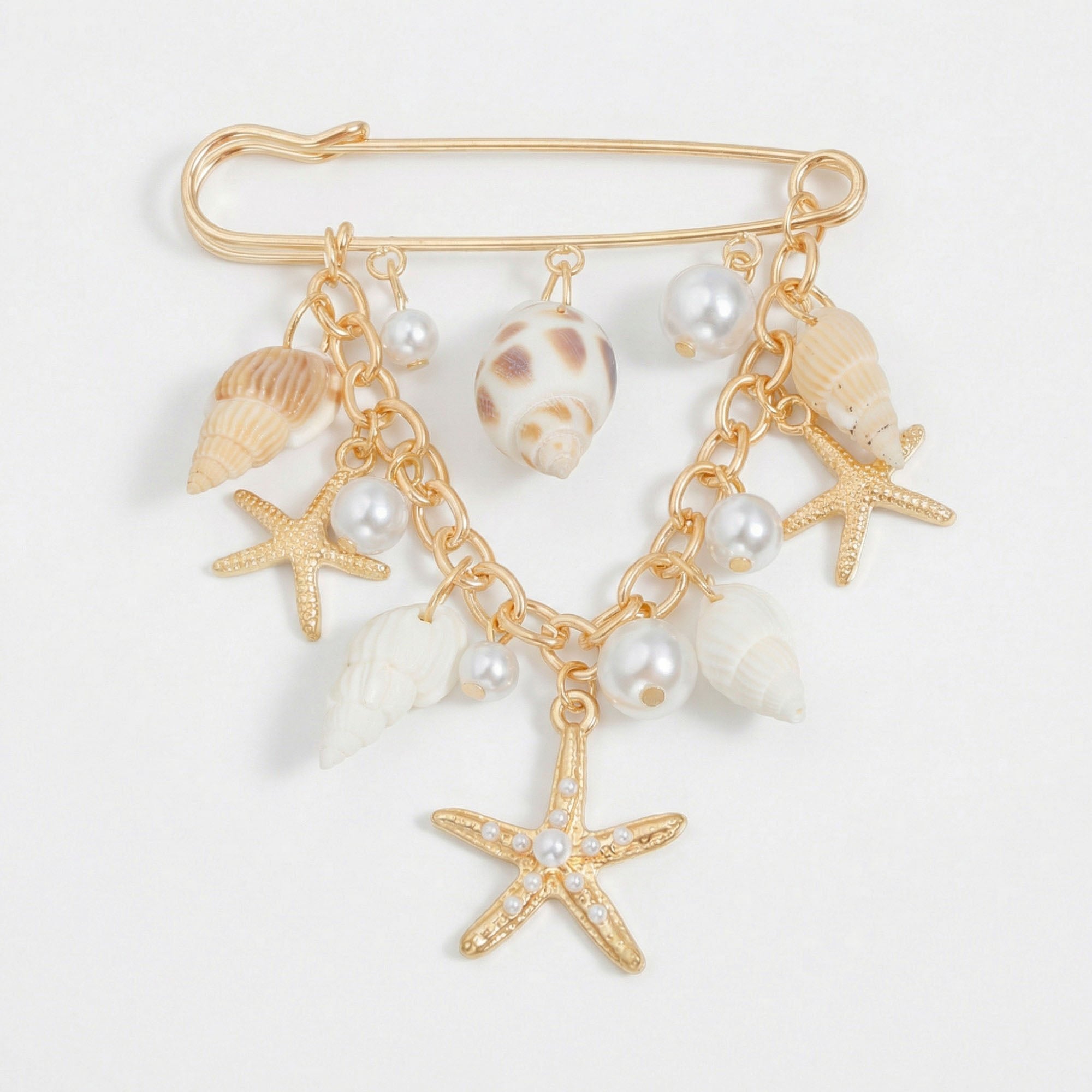Anna-Kaci Women's Safety Pin Brooch Seashell Charm Starfish Pendant Pearl Accent Chain Detail
