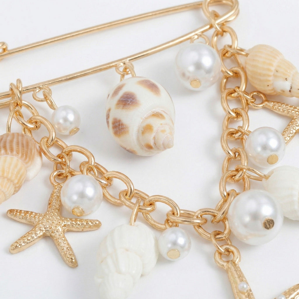 Anna-Kaci Women's Safety Pin Brooch Seashell Charm Starfish Pendant Pearl Accent Chain Detail