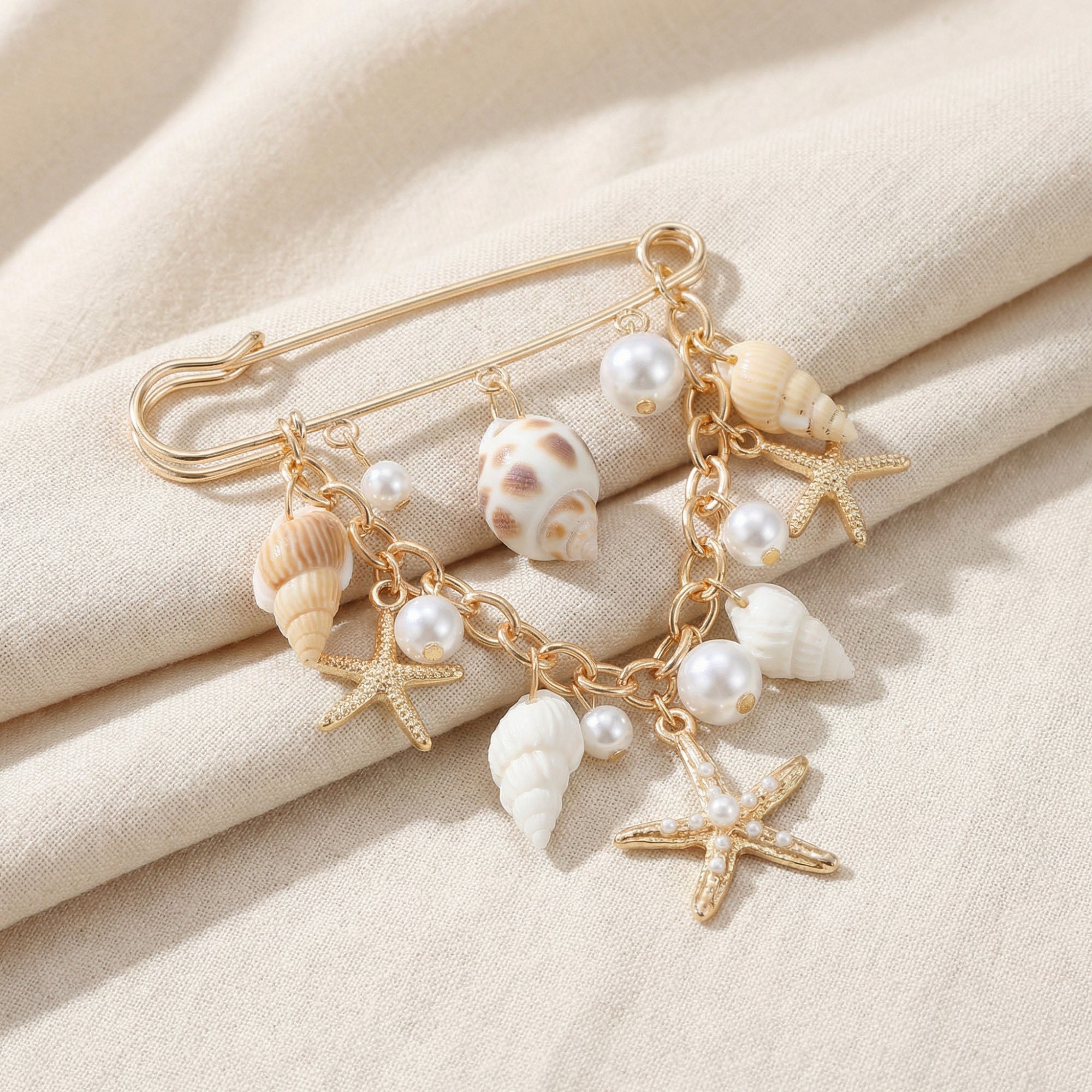 Anna-Kaci Women's Safety Pin Brooch Seashell Charm Starfish Pendant Pearl Accent Chain Detail