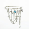 Anna-Kaci Women's Safety Pin Brooch Chain Tassel Blue Gem Accent Heart Charm Multi Pendant Design