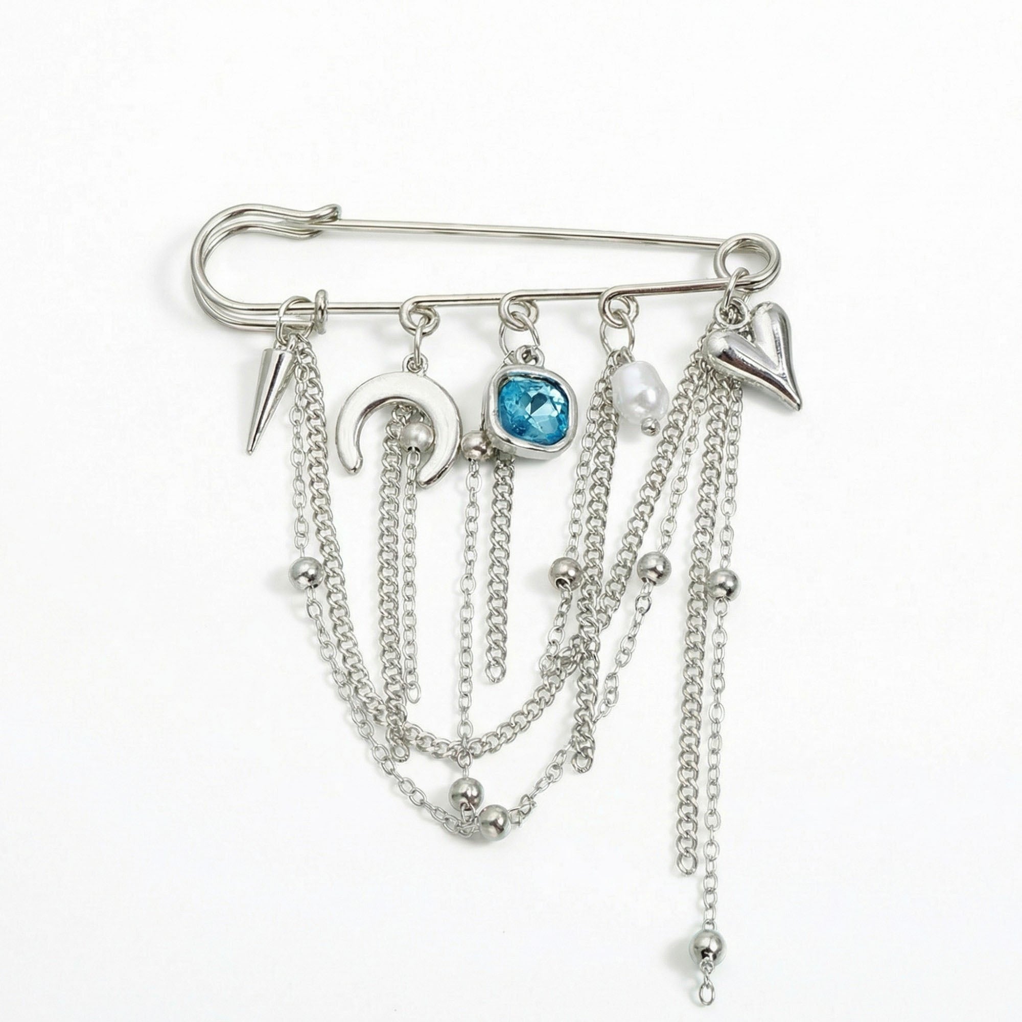 Anna-Kaci Women's Safety Pin Brooch Chain Tassel Blue Gem Accent Heart Charm Multi Pendant Design