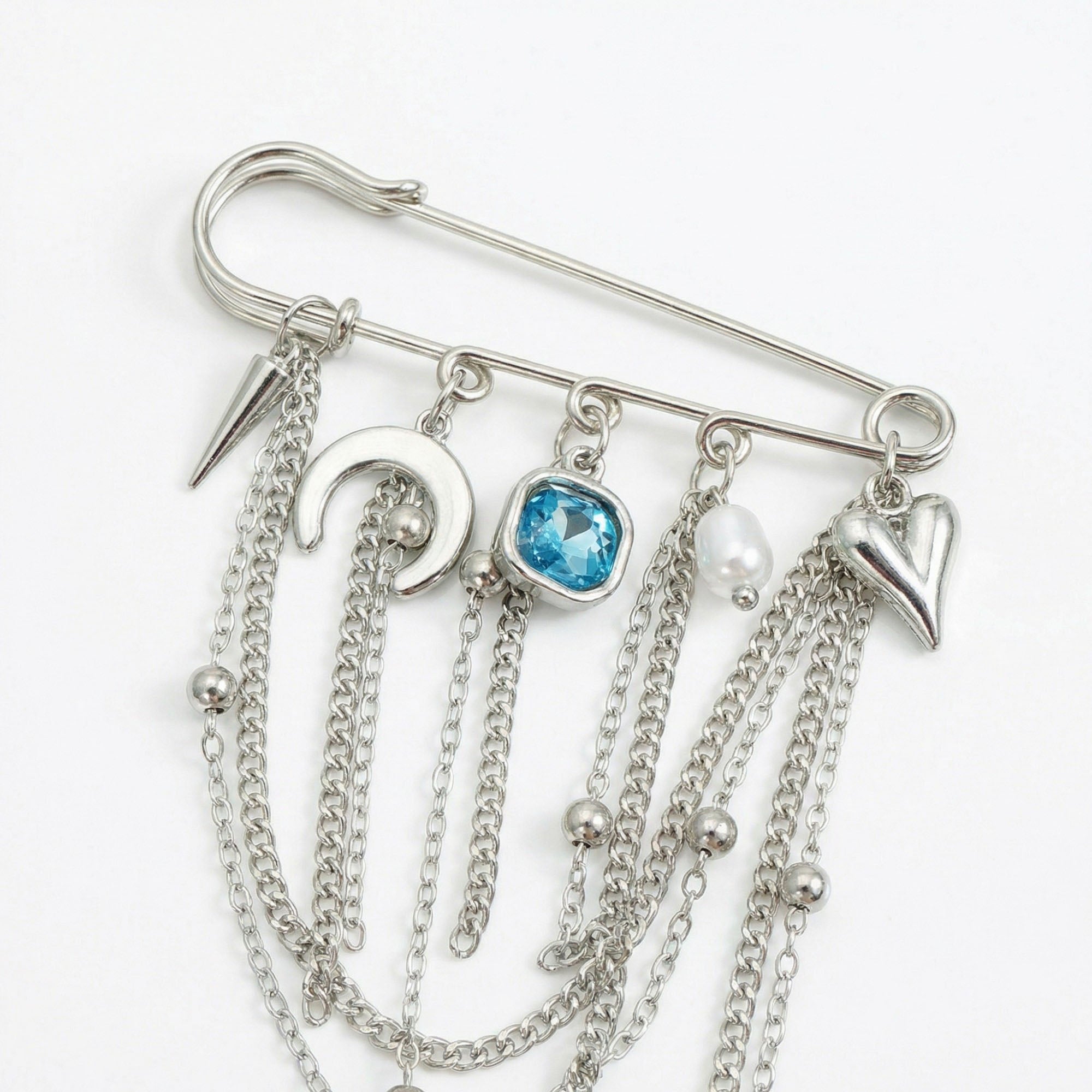 Anna-Kaci Women's Safety Pin Brooch Chain Tassel Blue Gem Accent Heart Charm Multi Pendant Design