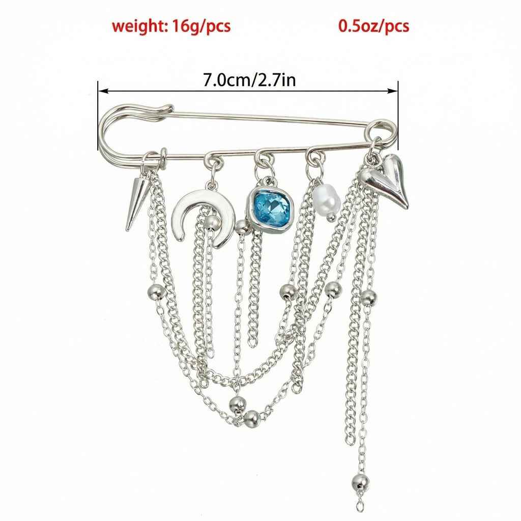 Anna-Kaci Women's Safety Pin Brooch Chain Tassel Blue Gem Accent Heart Charm Multi Pendant Design