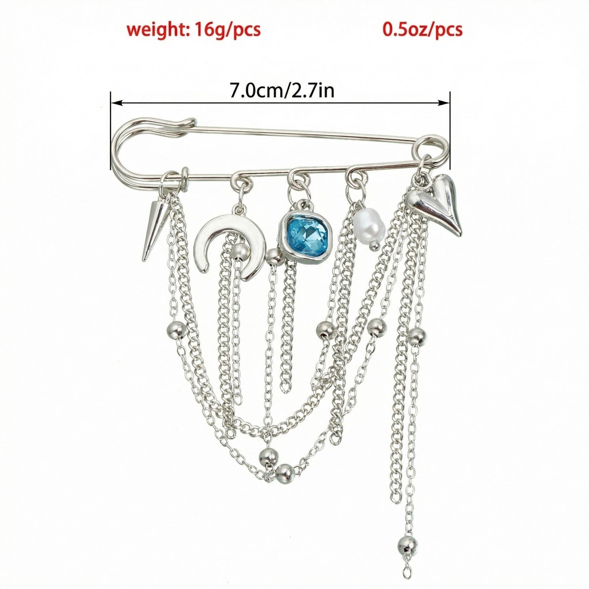 Anna-Kaci Women's Safety Pin Brooch Chain Tassel Blue Gem Accent Heart Charm Multi Pendant Design