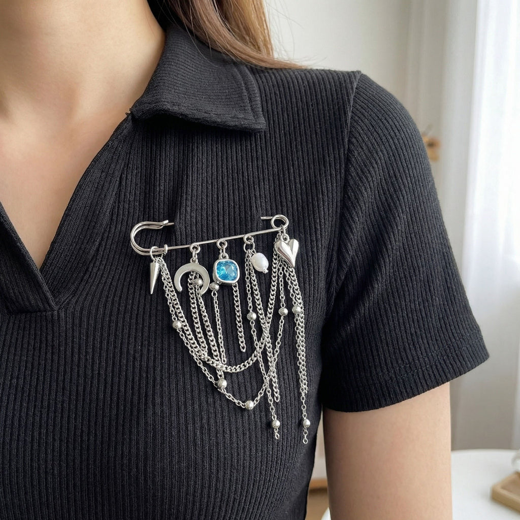 Anna-Kaci Women's Safety Pin Brooch Chain Tassel Blue Gem Accent Heart Charm Multi Pendant Design