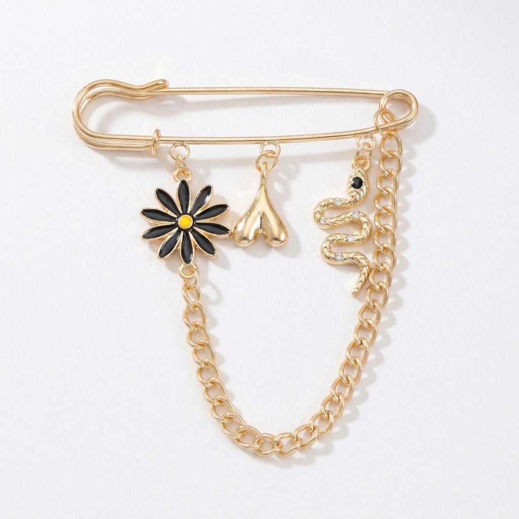 Anna-Kaci Women's Safety Pin Brooch Floral Charm Snake Pendant Chain Detail Statement Design