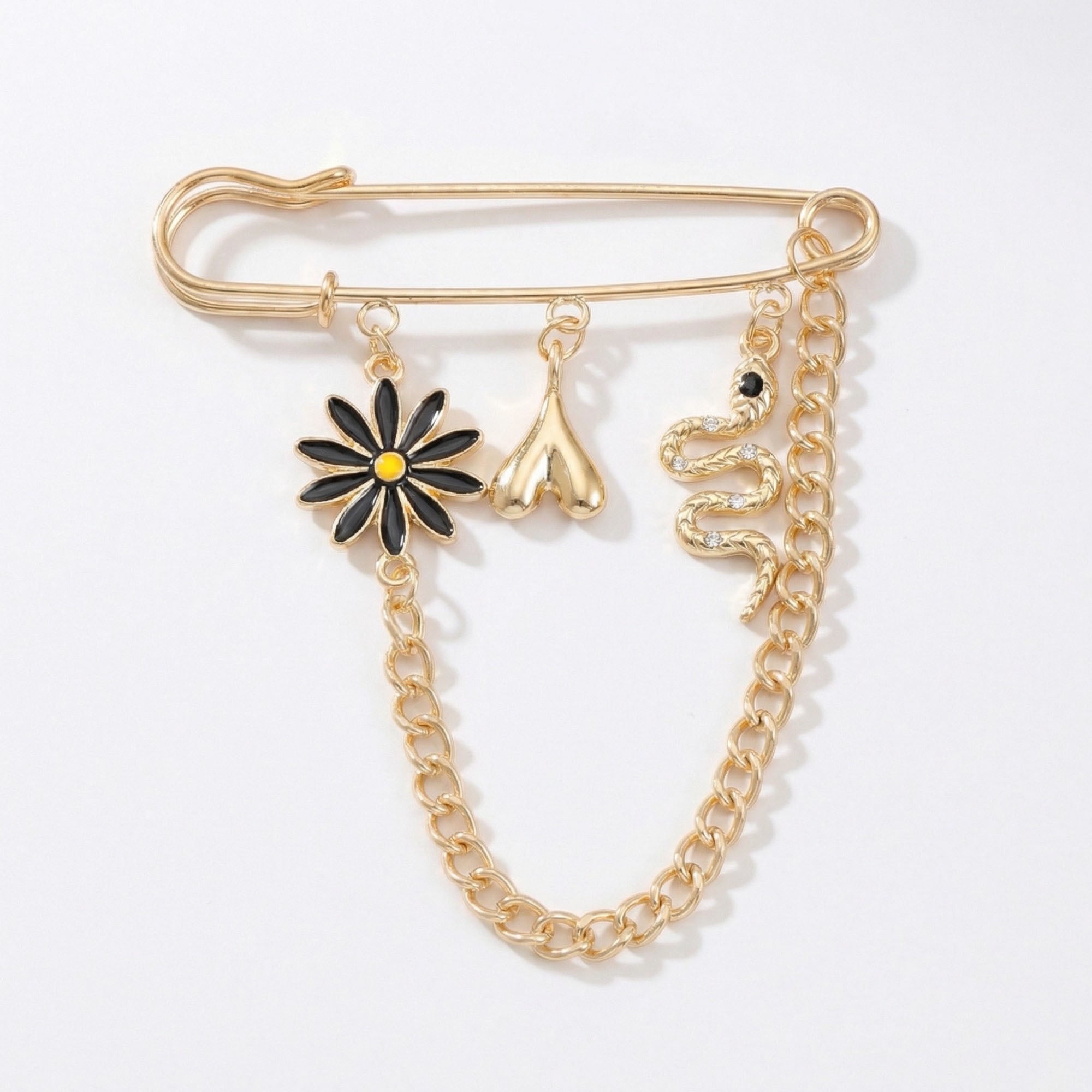 Anna-Kaci Women's Safety Pin Brooch Floral Charm Snake Pendant Chain Detail Statement Design