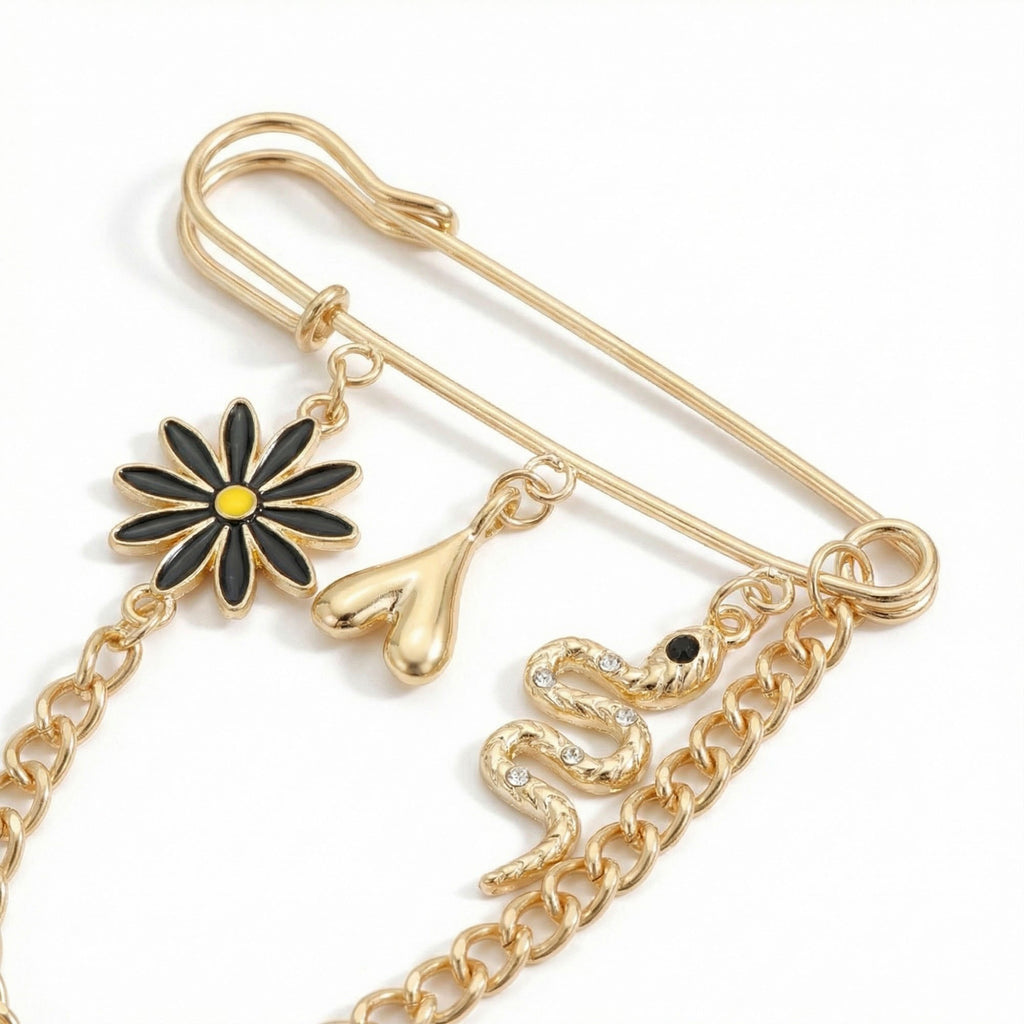 Anna-Kaci Women's Safety Pin Brooch Floral Charm Snake Pendant Chain Detail Statement Design
