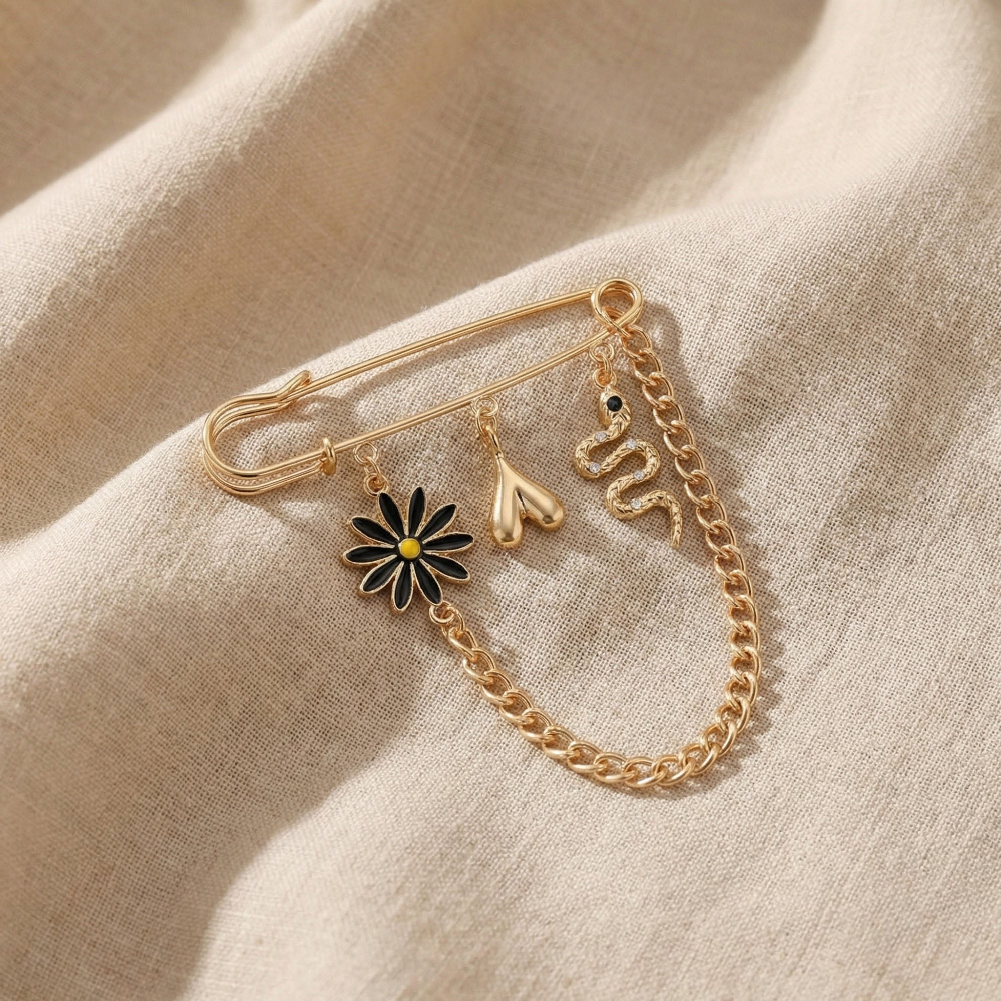 Anna-Kaci Women's Safety Pin Brooch Floral Charm Snake Pendant Chain Detail Statement Design