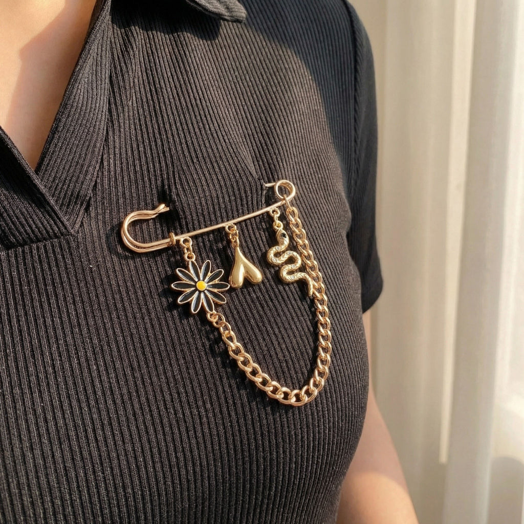 Anna-Kaci Women's Safety Pin Brooch Floral Charm Snake Pendant Chain Detail Statement Design