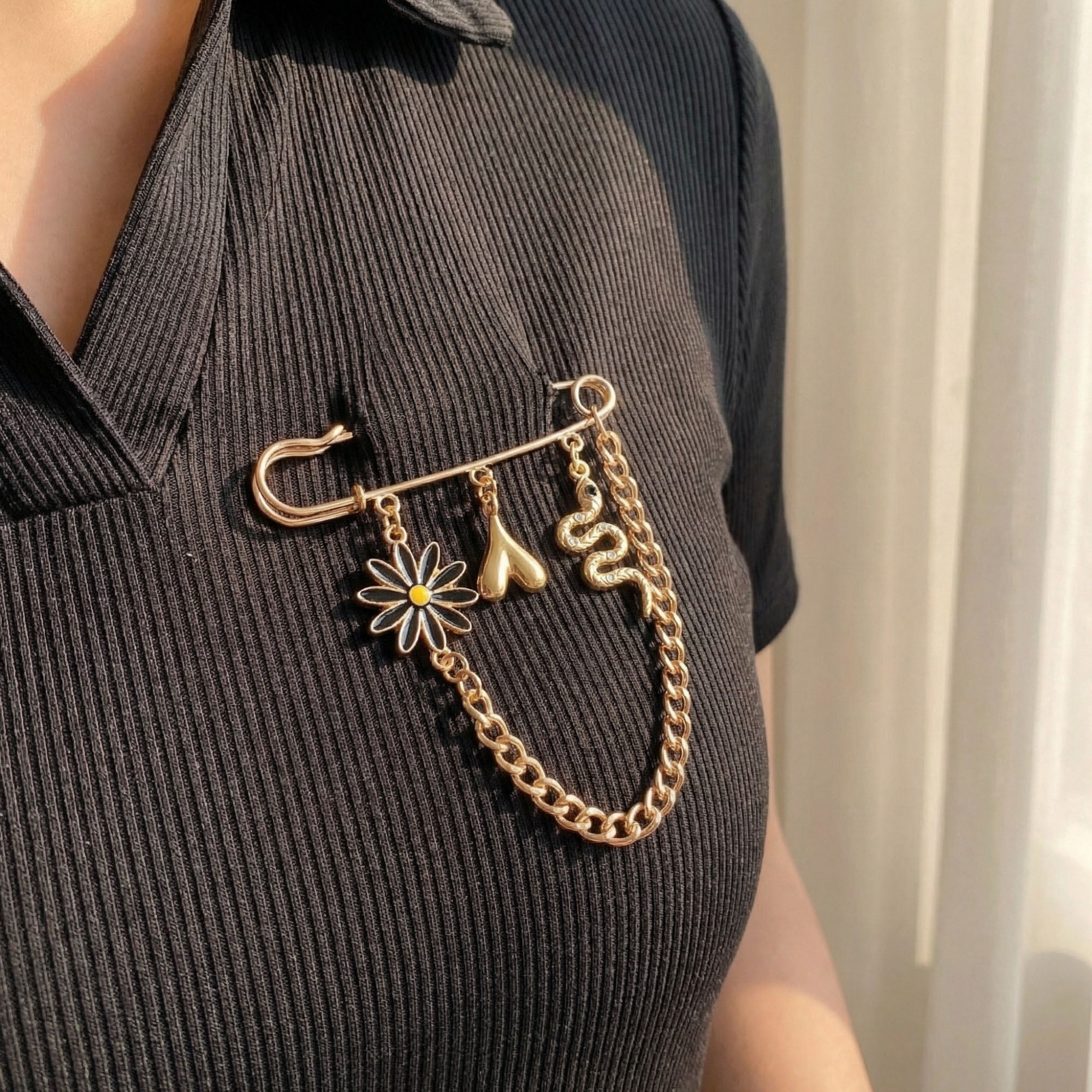 Anna-Kaci Women's Safety Pin Brooch Floral Charm Snake Pendant Chain Detail Statement Design
