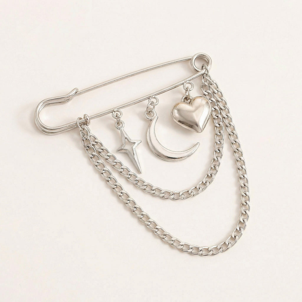 Anna-Kaci Women's Safety Pin Brooch Star Charm Crescent Moon Pendant Heart Detail Chain Accent