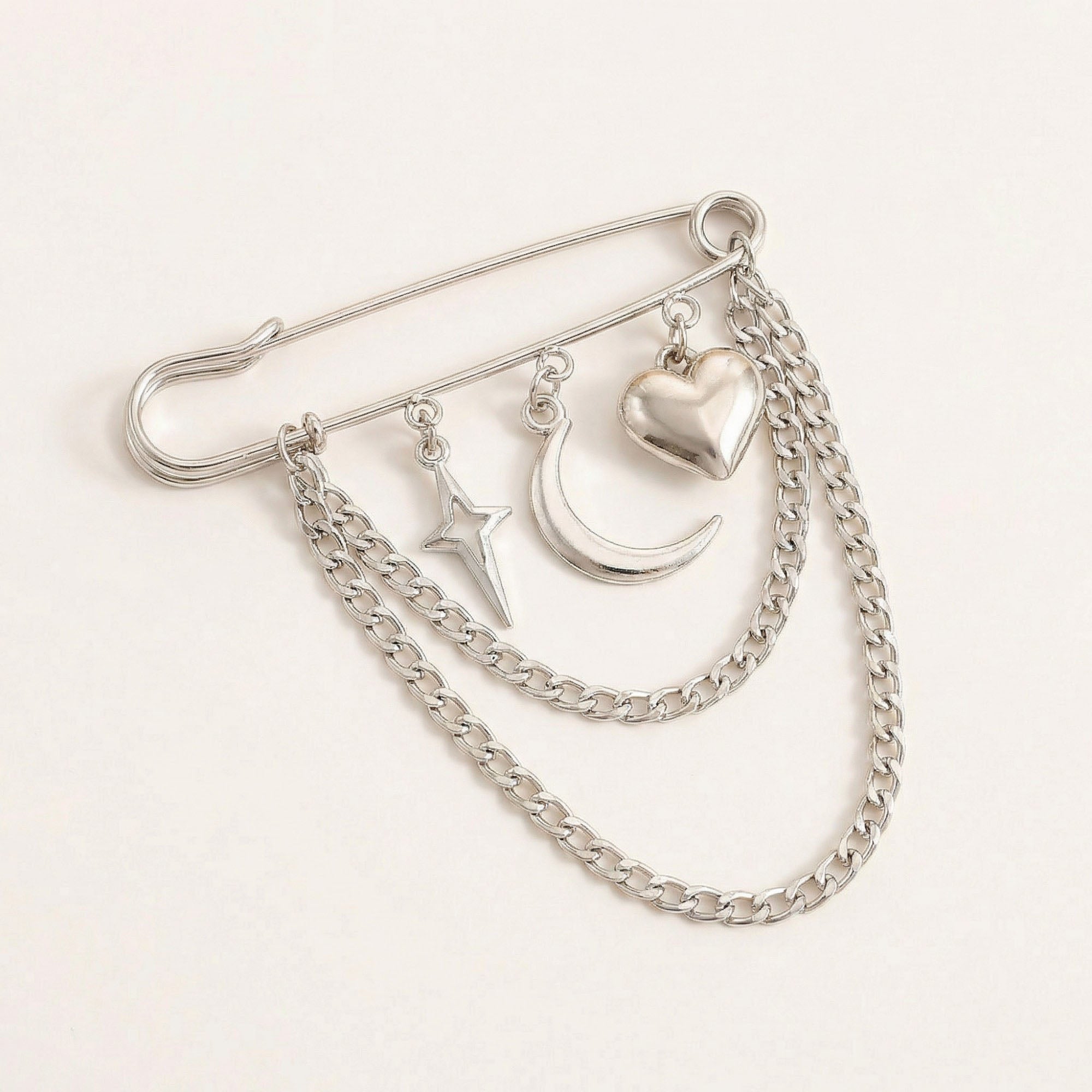 Anna-Kaci Women's Safety Pin Brooch Star Charm Crescent Moon Pendant Heart Detail Chain Accent