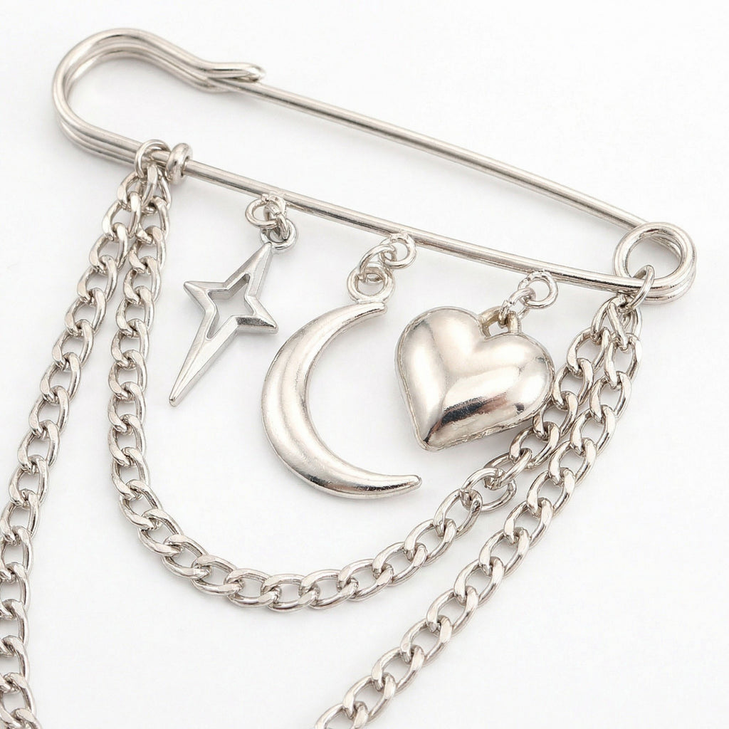 Anna-Kaci Women's Safety Pin Brooch Star Charm Crescent Moon Pendant Heart Detail Chain Accent