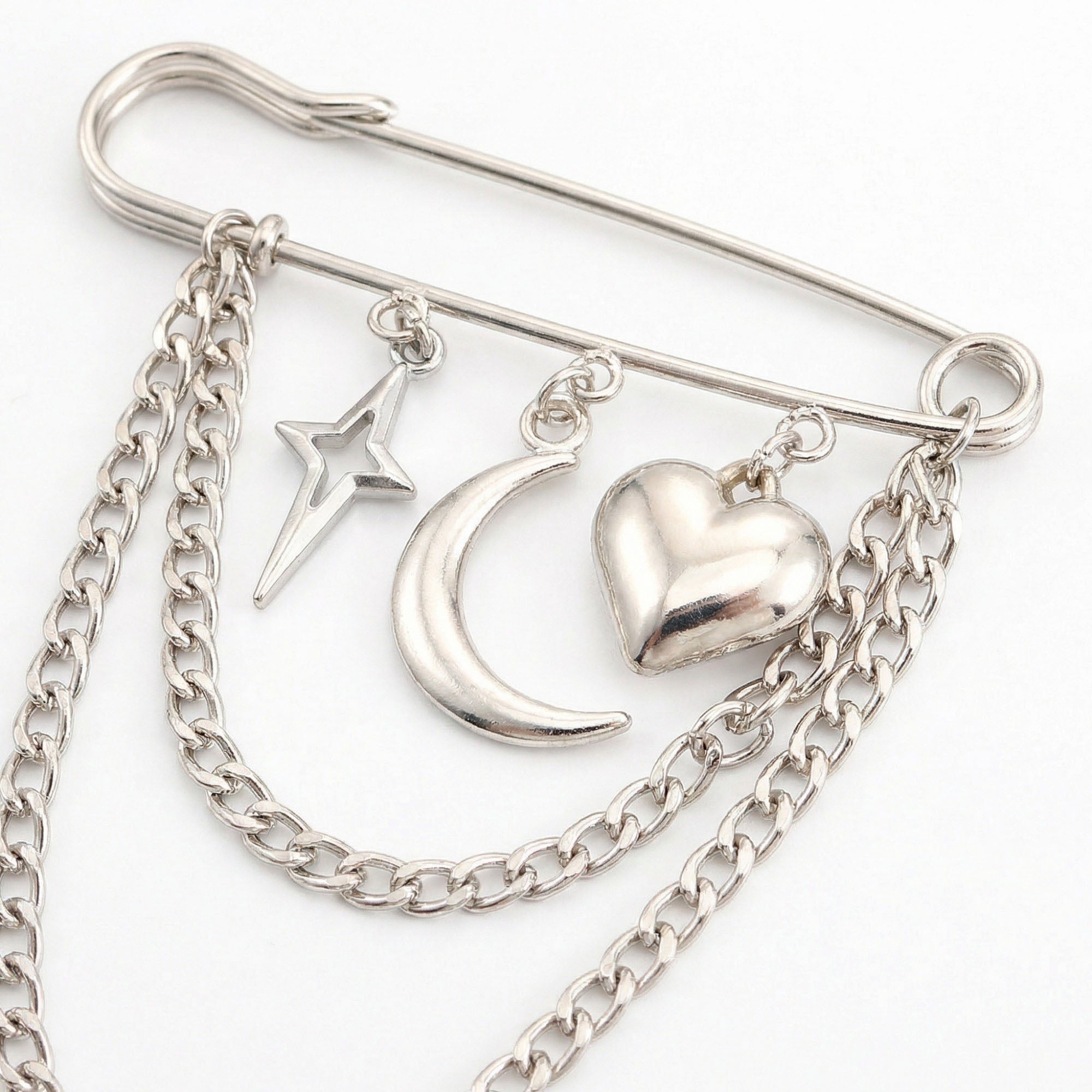 Anna-Kaci Women's Safety Pin Brooch Star Charm Crescent Moon Pendant Heart Detail Chain Accent