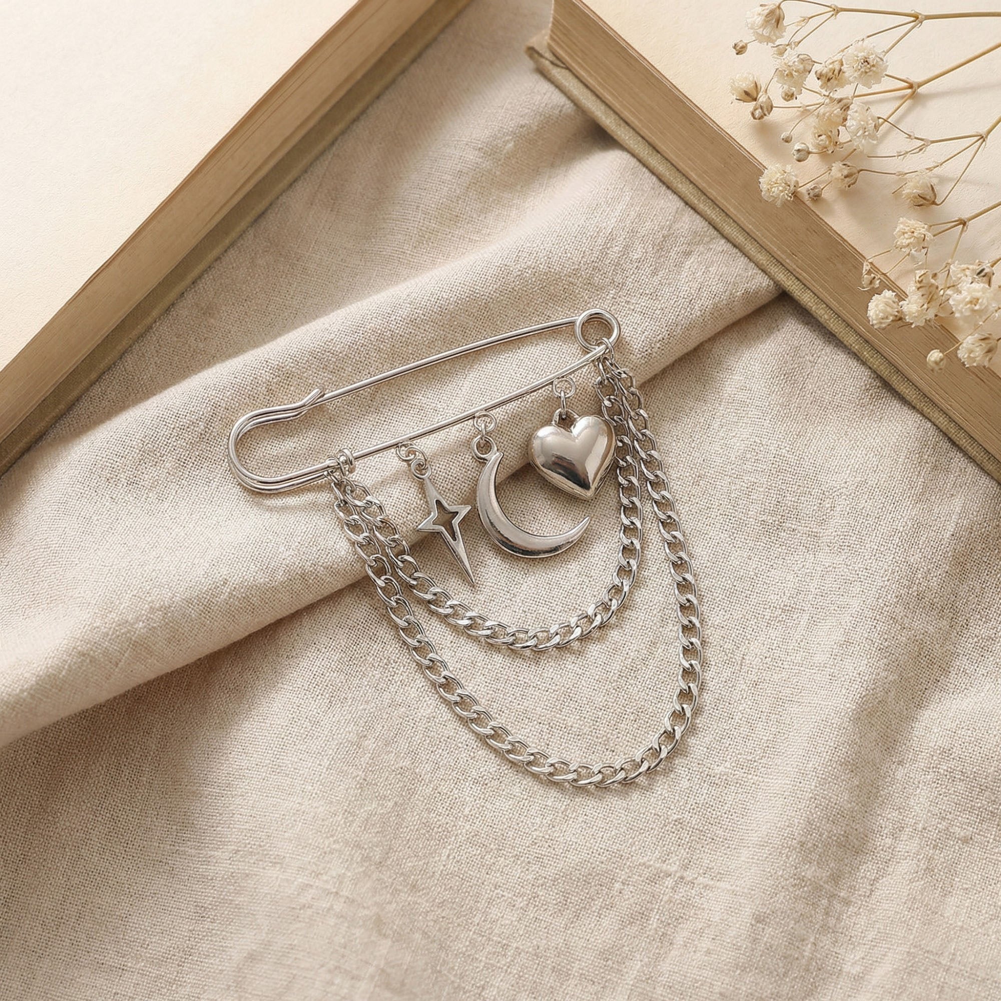Anna-Kaci Women's Safety Pin Brooch Star Charm Crescent Moon Pendant Heart Detail Chain Accent