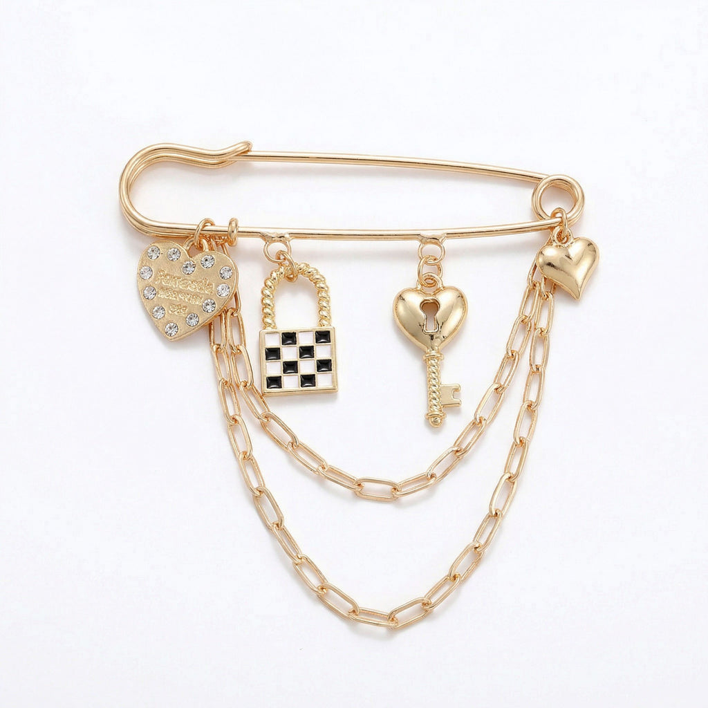 Anna-Kaci Women's Safety Pin Brooch Heart Charm Key Pendant Lock Detail Chain Accent Design