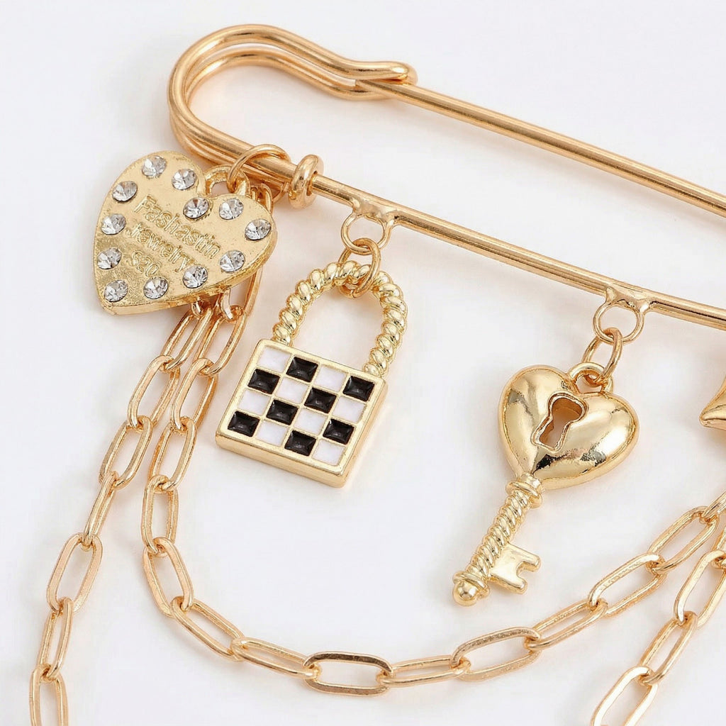 Anna-Kaci Women's Safety Pin Brooch Heart Charm Key Pendant Lock Detail Chain Accent Design