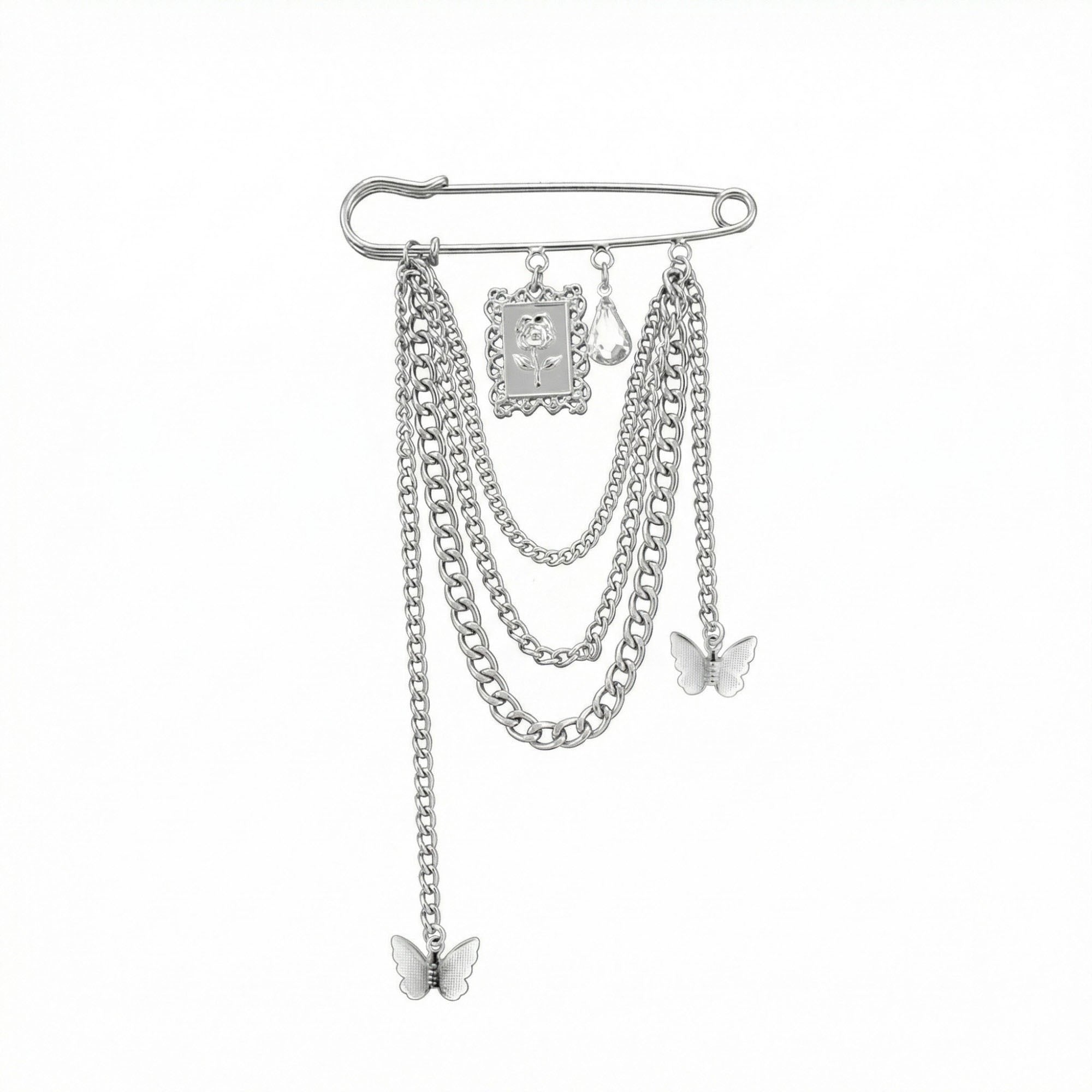 Anna-Kaci Women's Safety Pin Brooch Chain Tassel Butterfly Charm Rose Pendant Statement Design