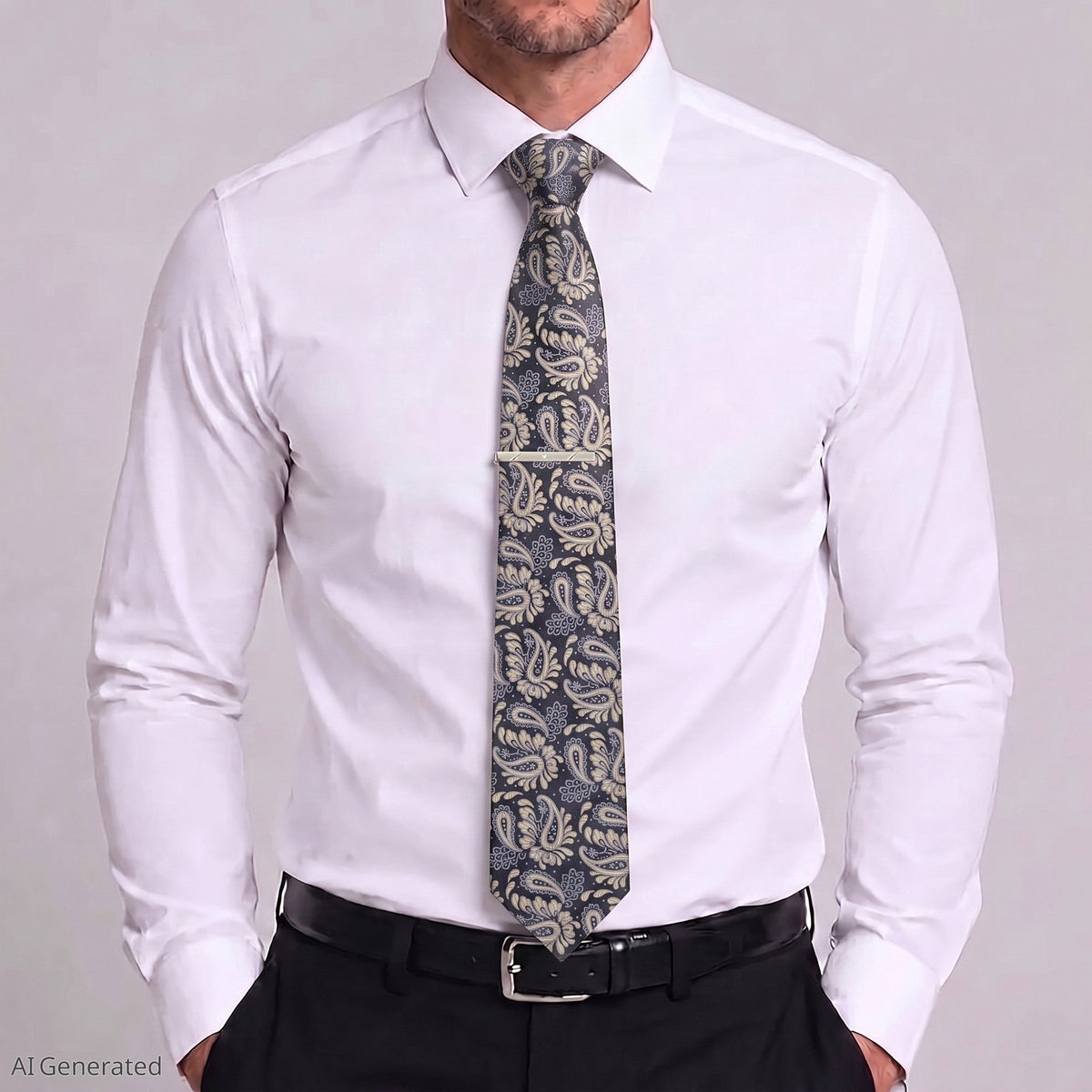 Men's Paisley Floral Tie Gift Set with Matching Pocket Square Cufflinks and Silver Tie Clip